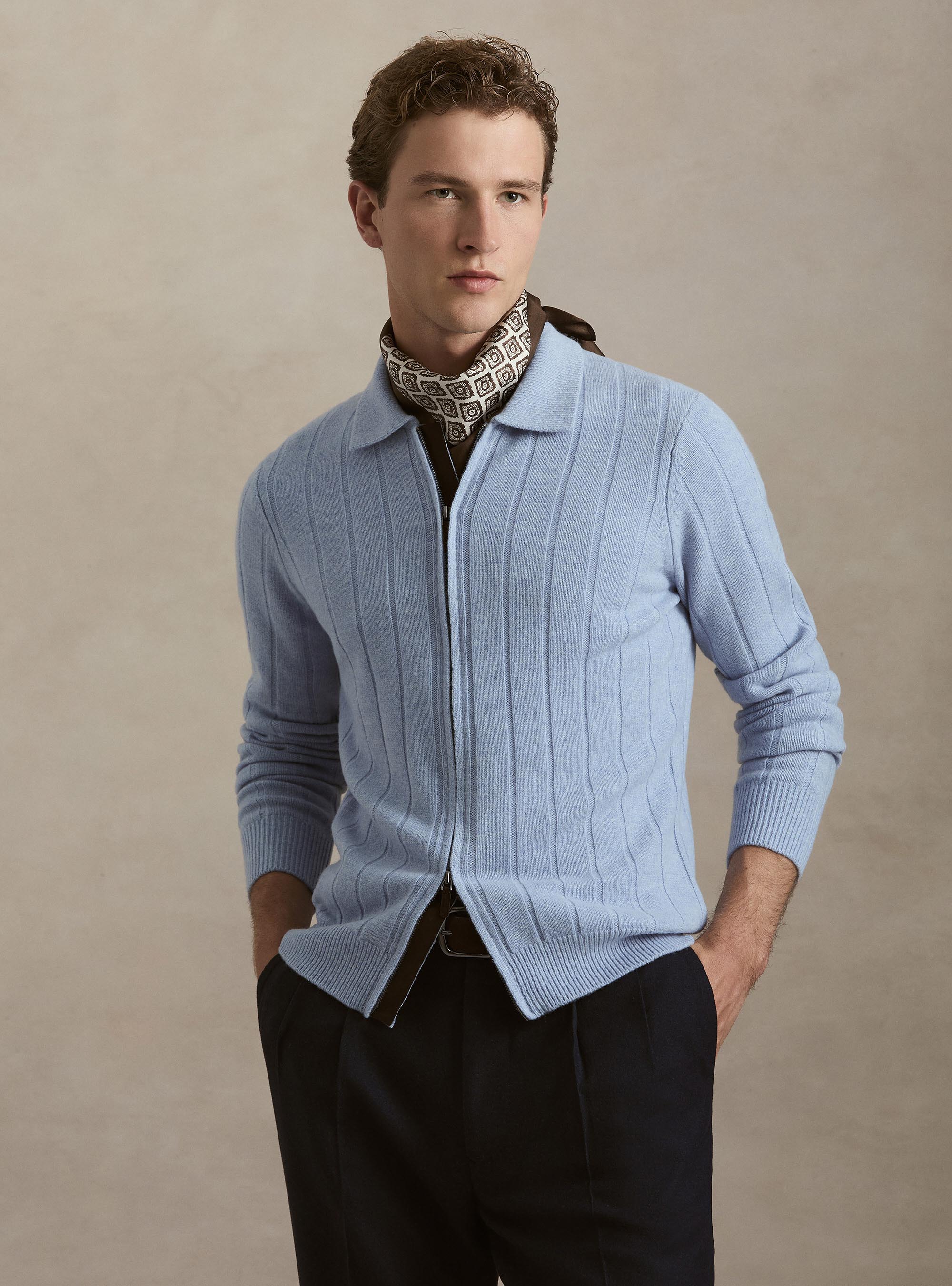 Maglia full zip con colletto in lana e cashmere a costa piatta, AZZURRO POLVERE 0283C