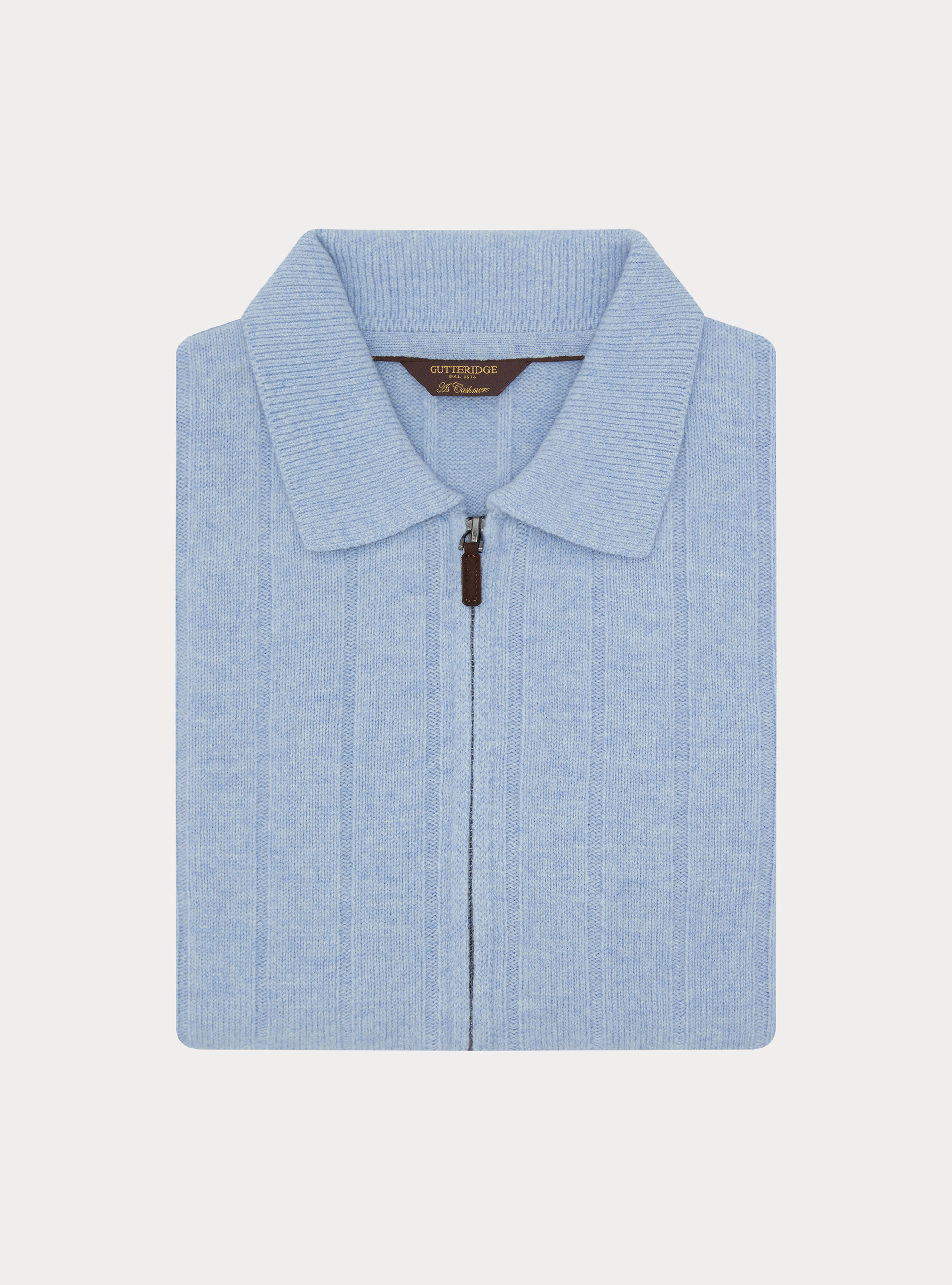 Maglia full zip con colletto in lana e cashmere a costa piatta, AZZURRO POLVERE 0283C