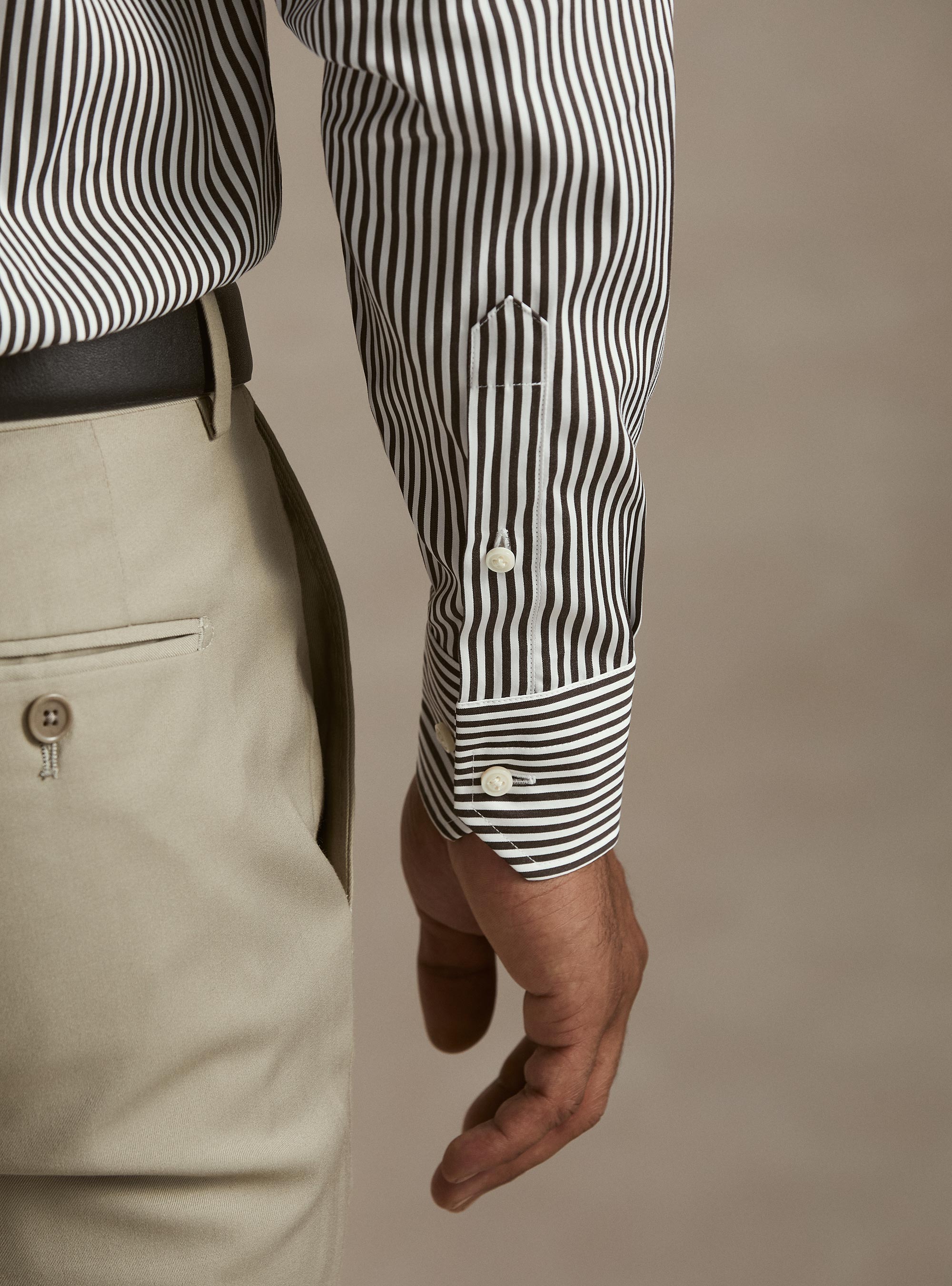 Camicia rigata in cotone popeline, MARRONE