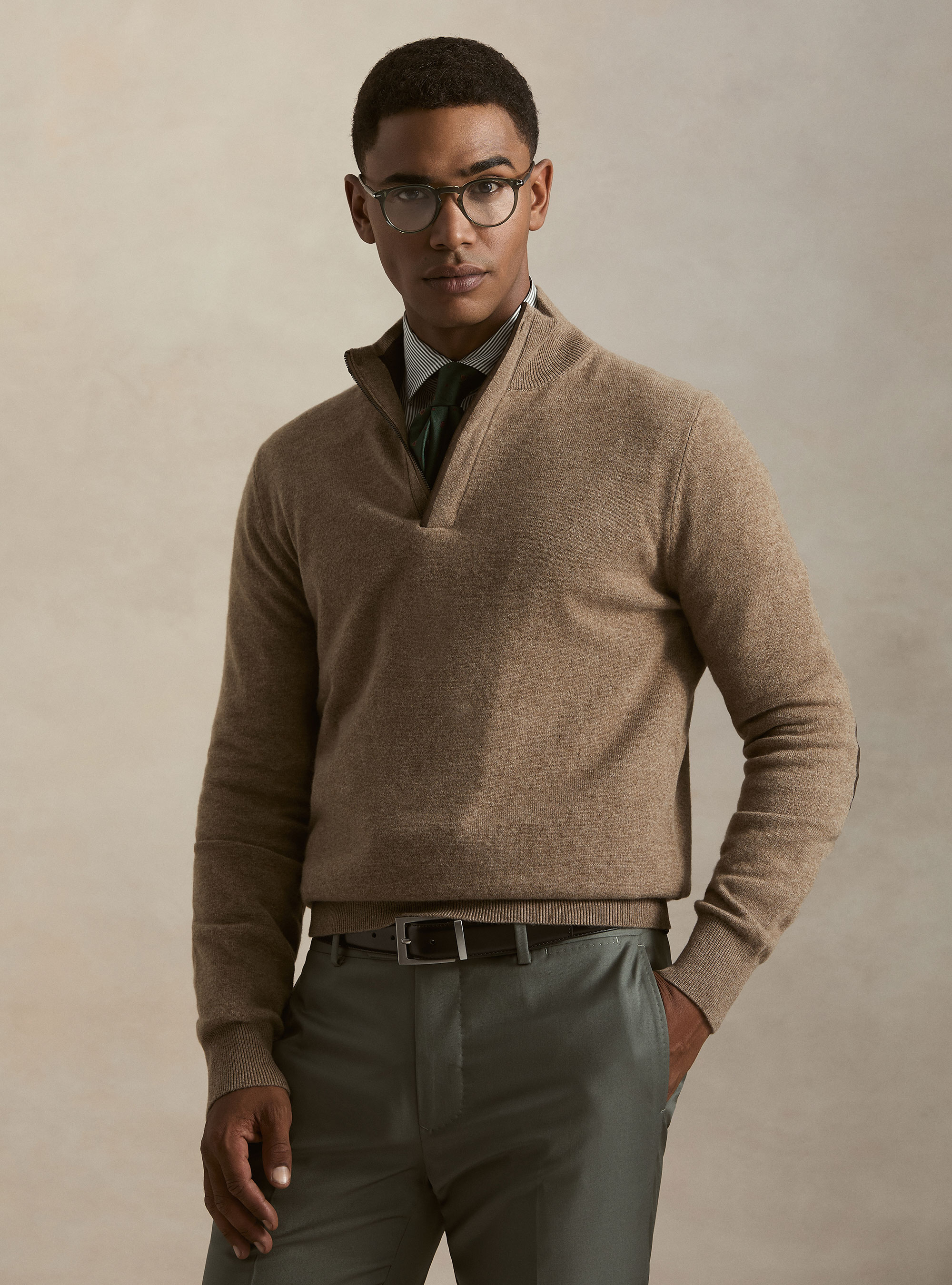 Maglia mezza zip in lana lambswool e cashmere, FANGO
