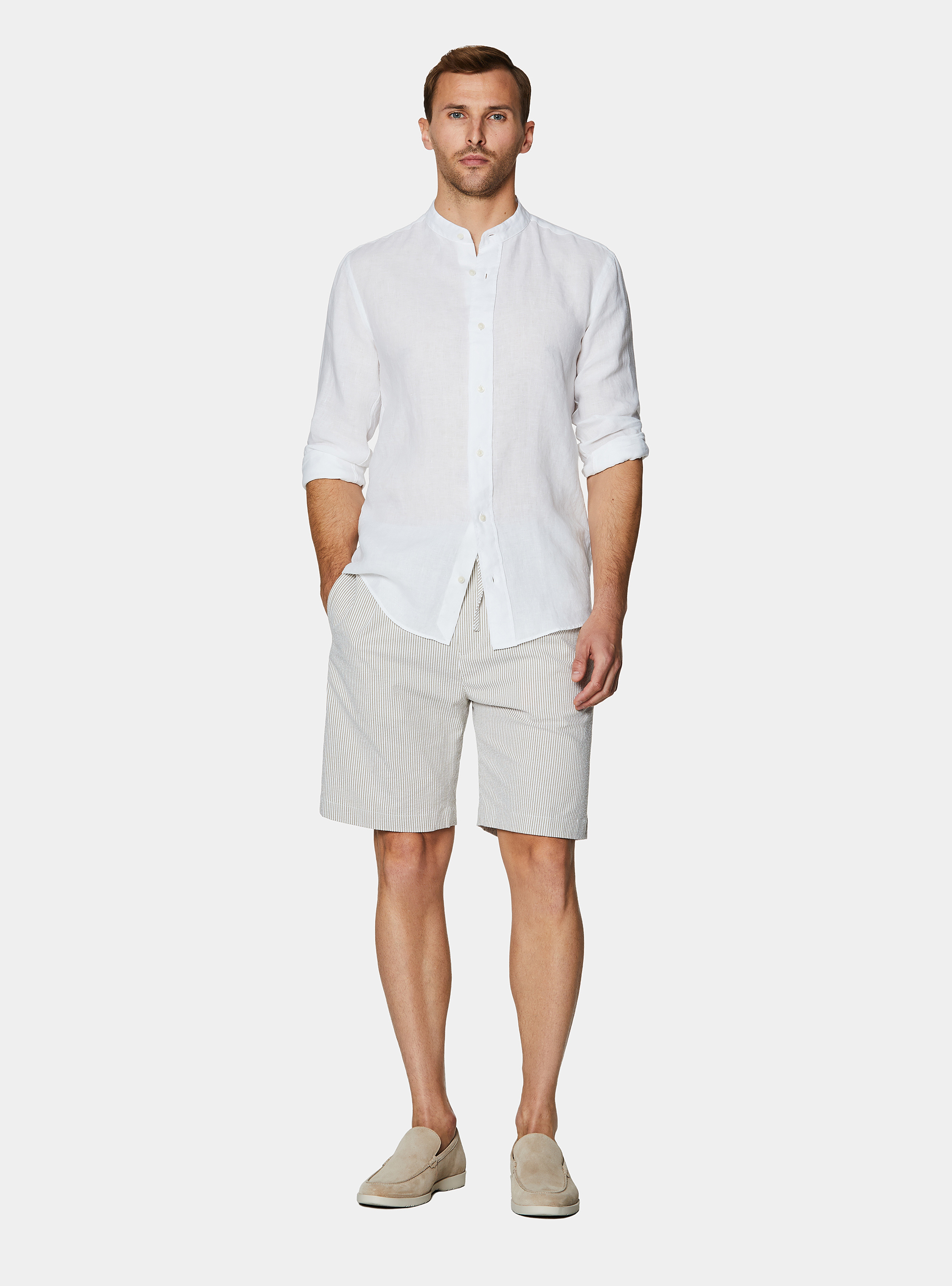 Camicia coreana in puro lino, BIANCO