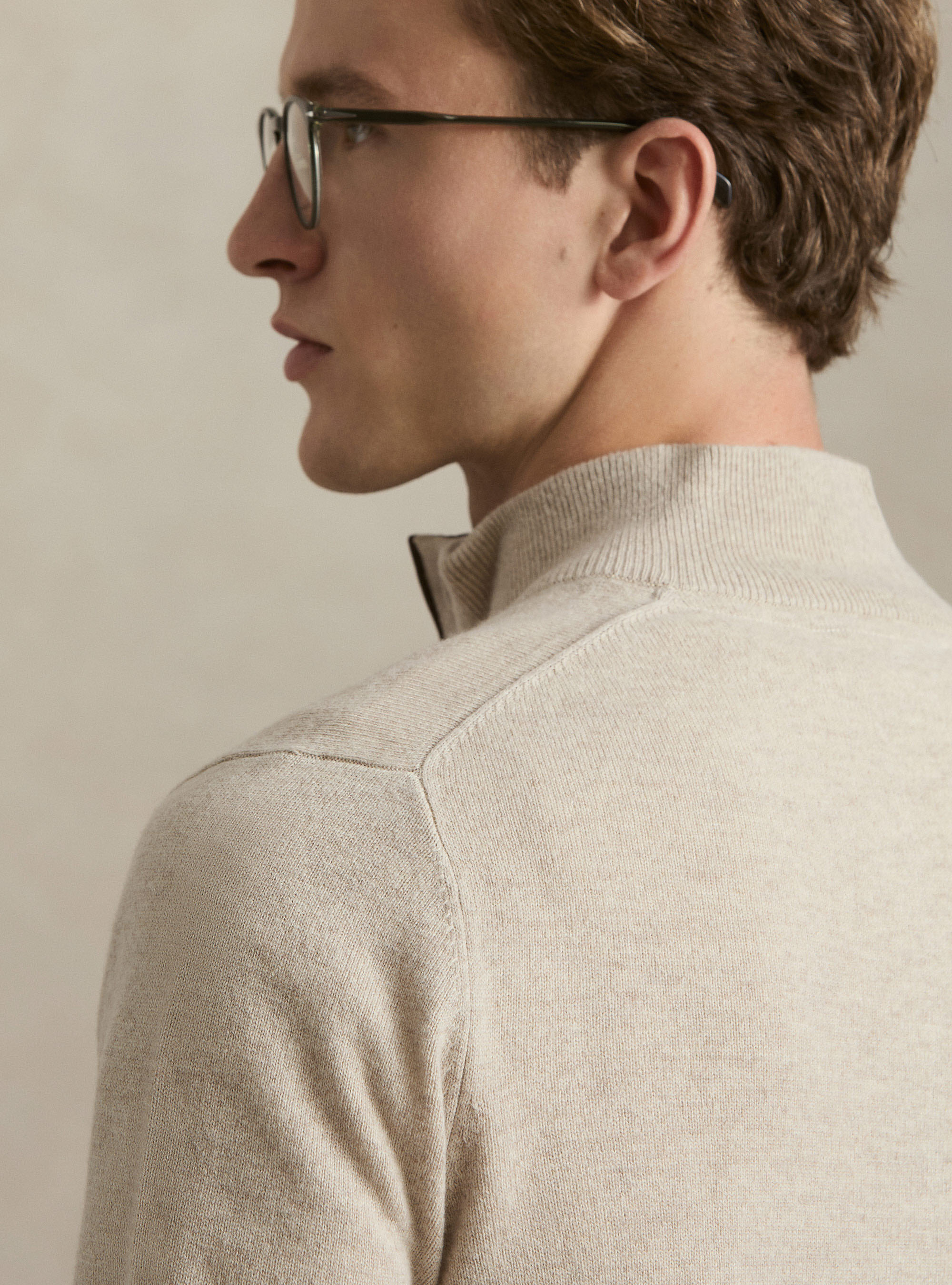 Maglia mezza zip in lana lambswool e cashmere, ECRU