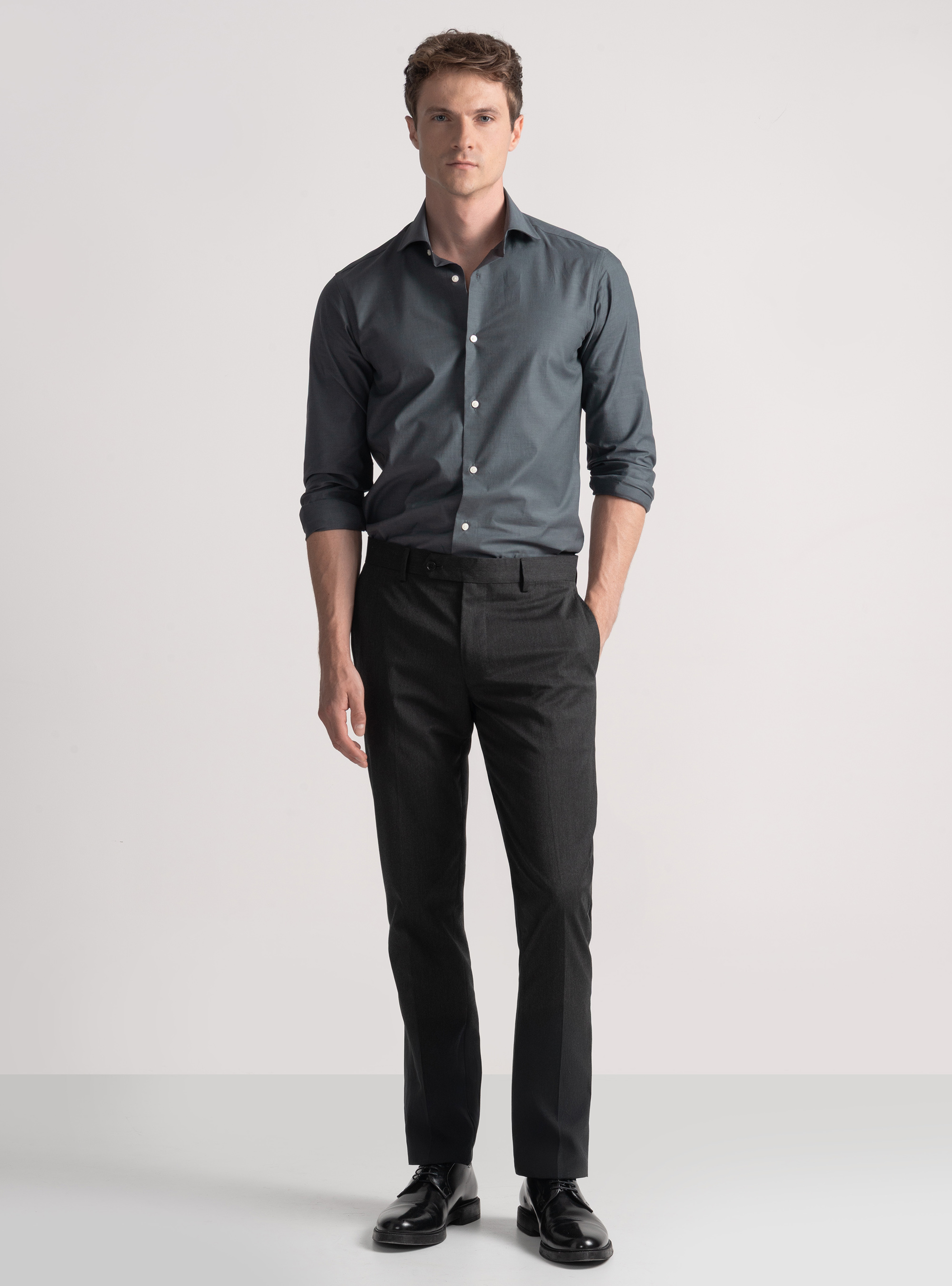 Camicia in cotone popeline stretch, GRIGIO CHIARO