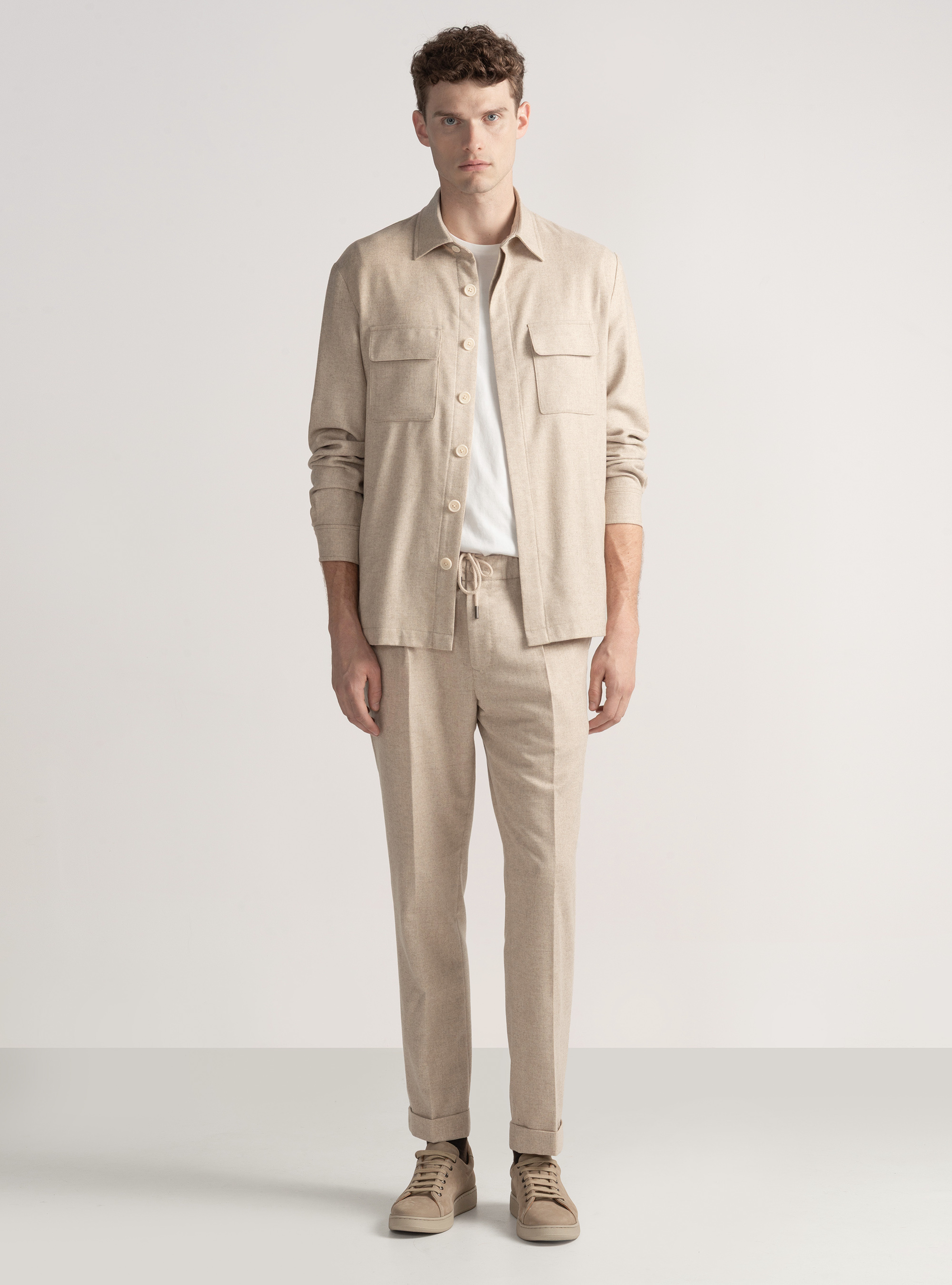Pantaloni leggeri con pince e coulisse in misto lana, ECRU