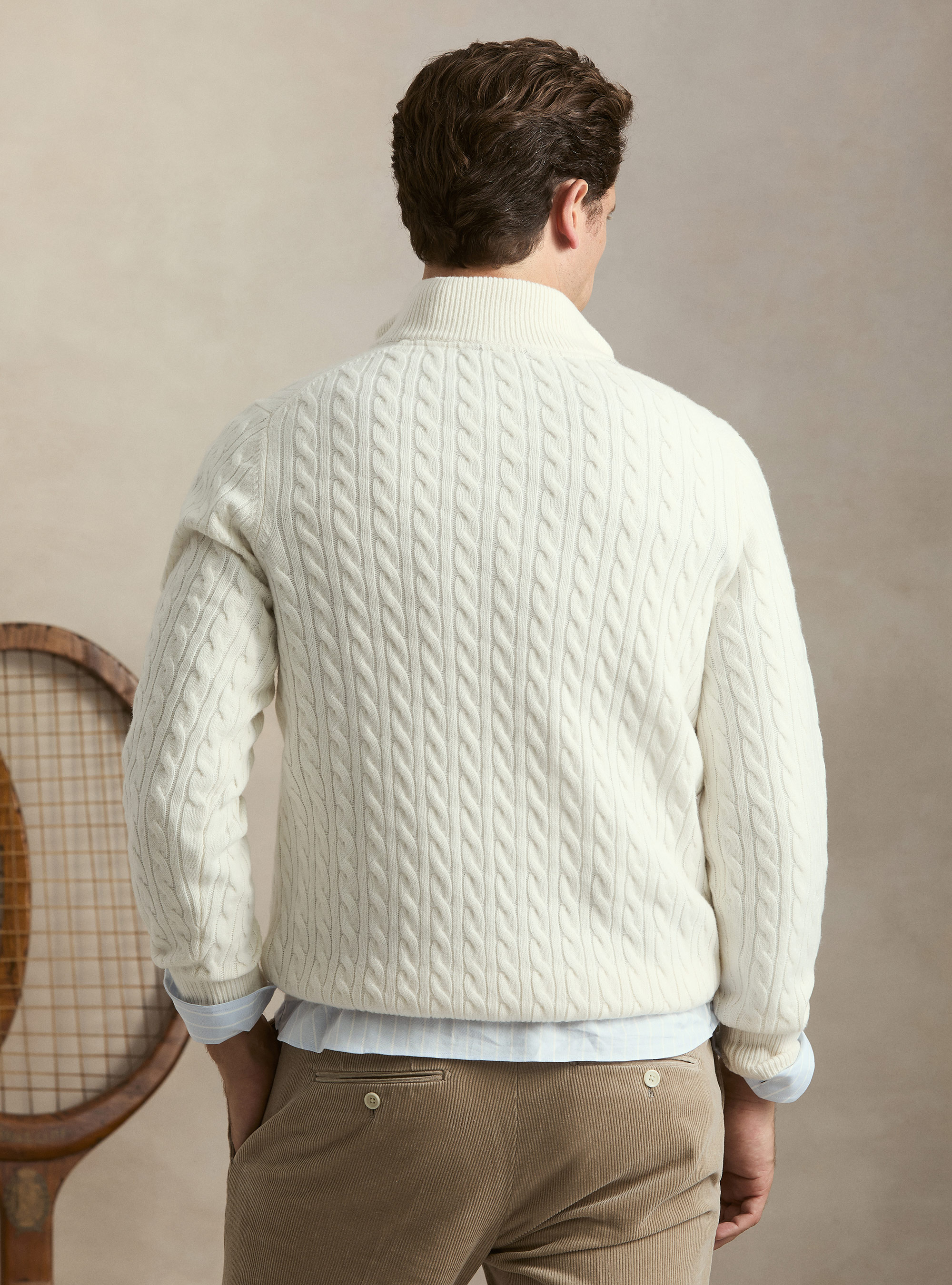 Maglia lupetto a trecce in lana e cashmere, BIANCO