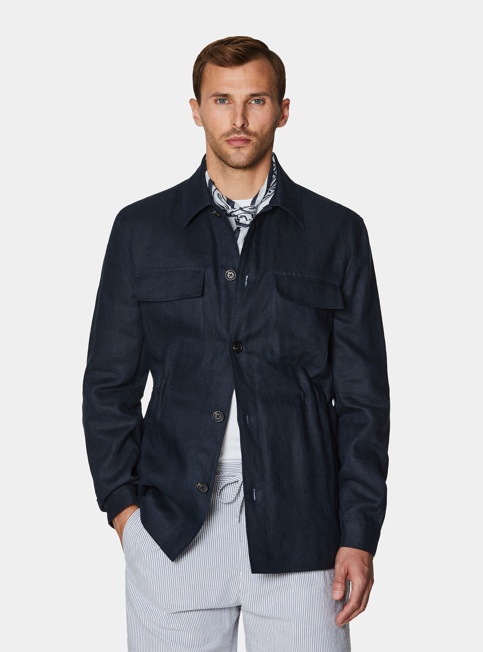 Giacca camicia in puro lino con coulisse, BLU NAVY