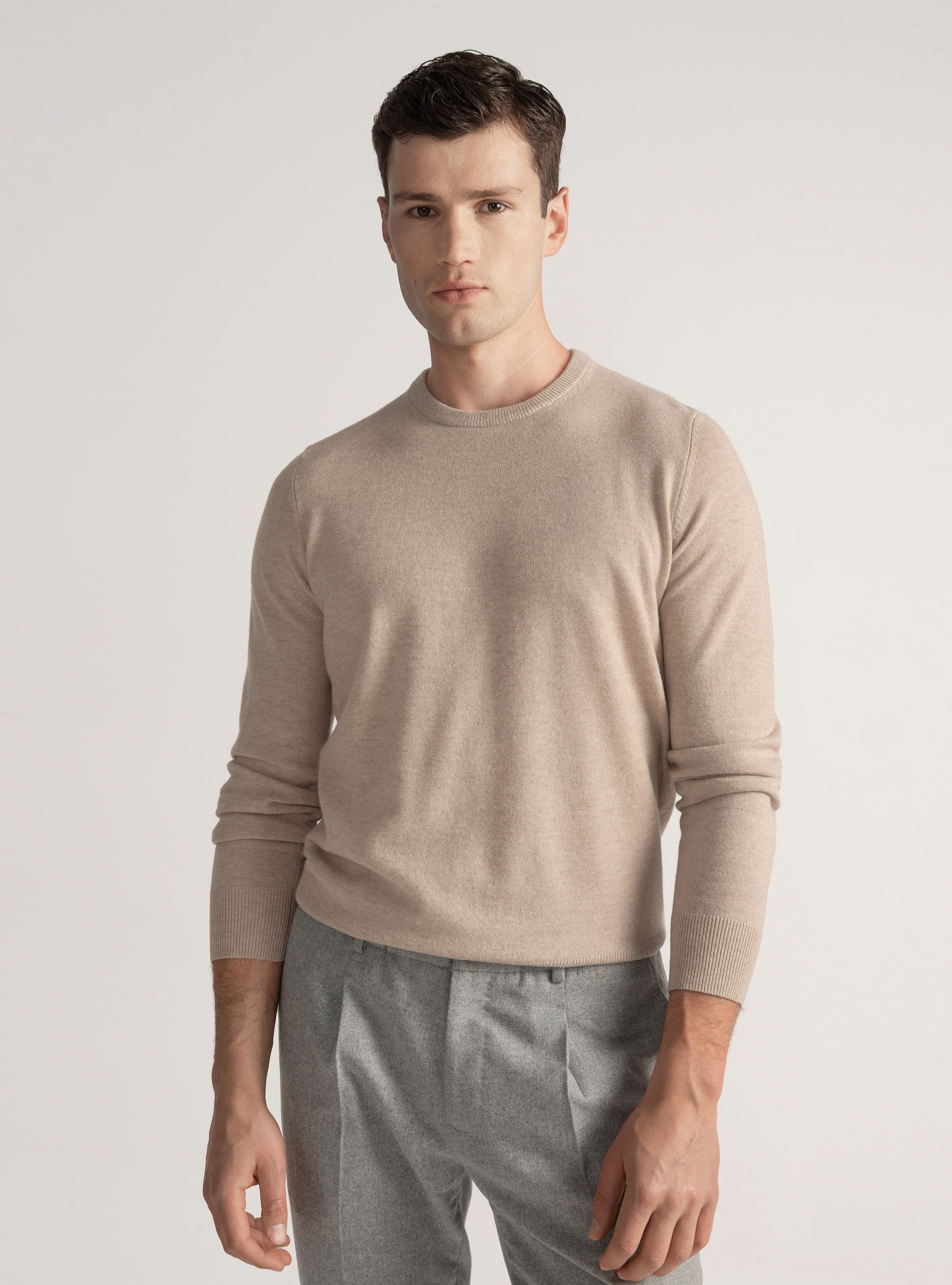 Maglia girocollo in lana lambswool e cashmere, ECRU