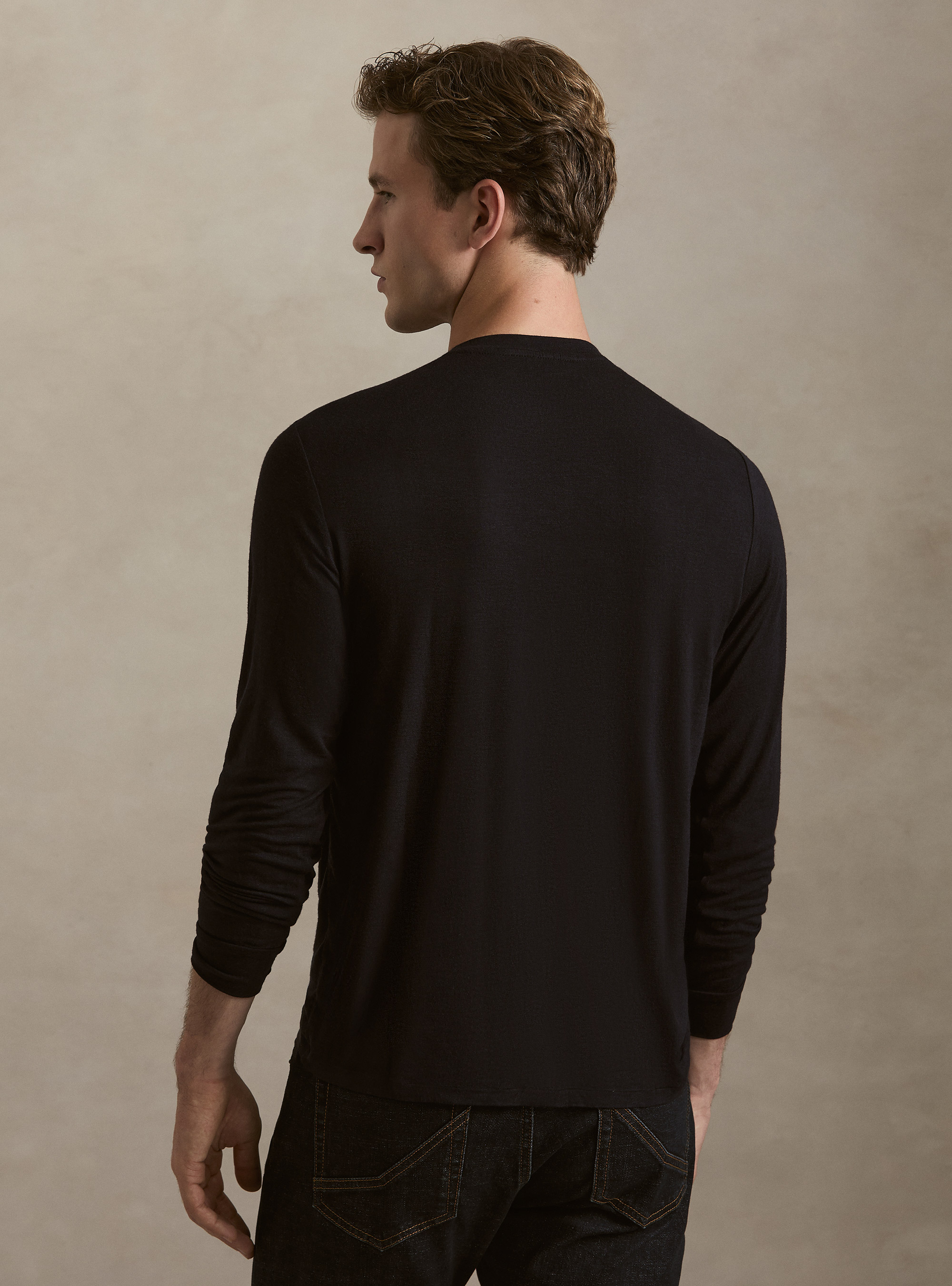 T-shirt manica lunga in misto cashmere, BLU NAVY