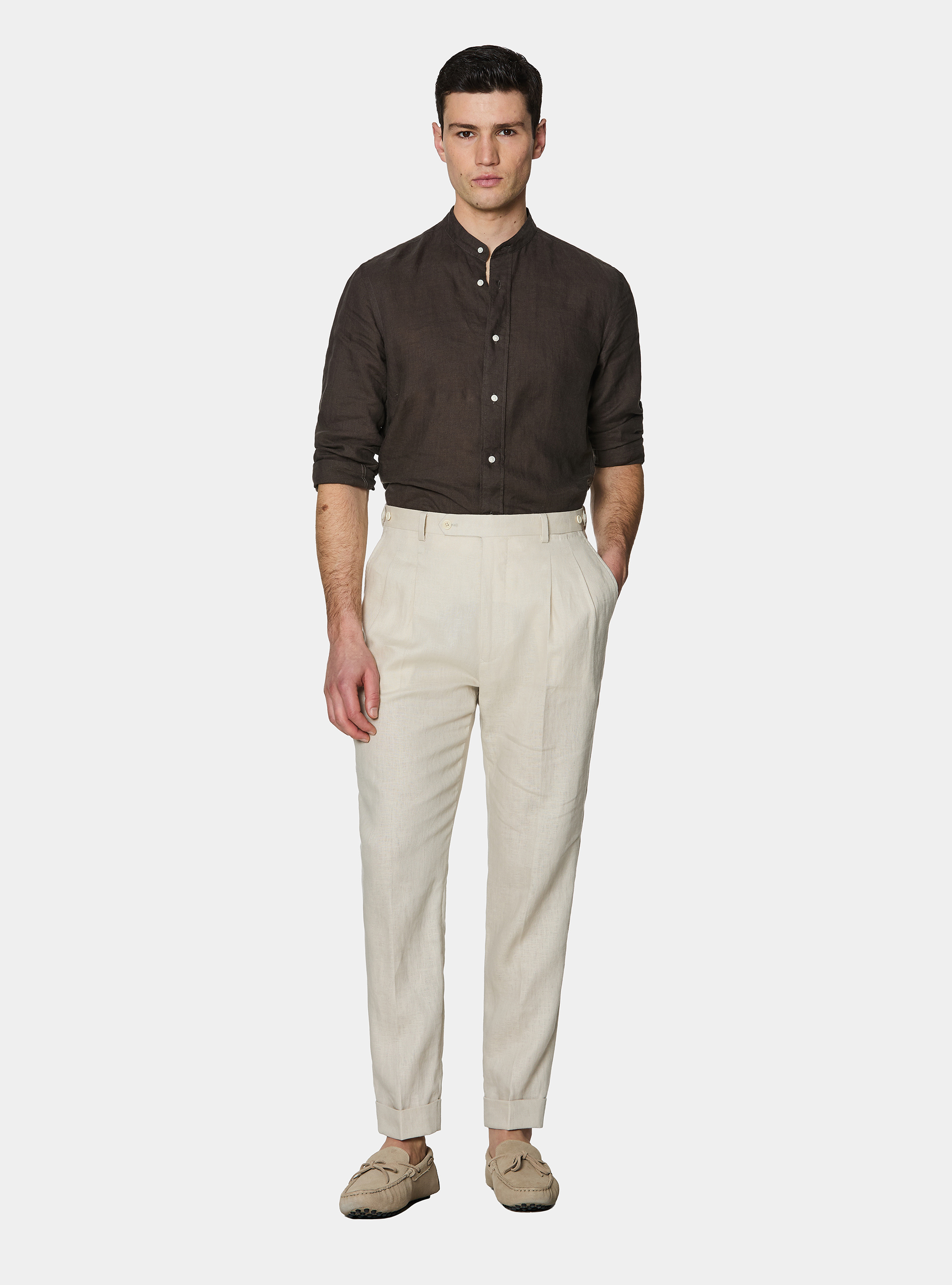 Camicia coreana in puro lino, MARRONE