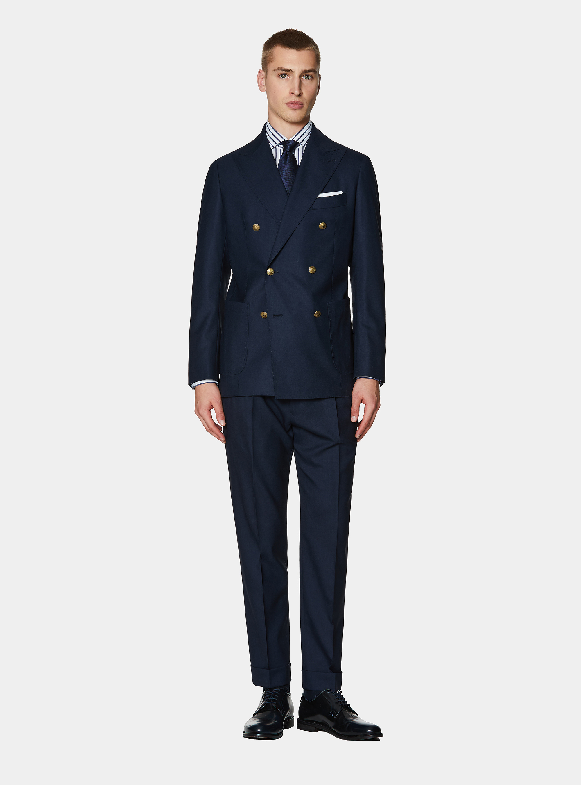 Giacca doppiopetto in pura lana con bottone metallo, NAVY