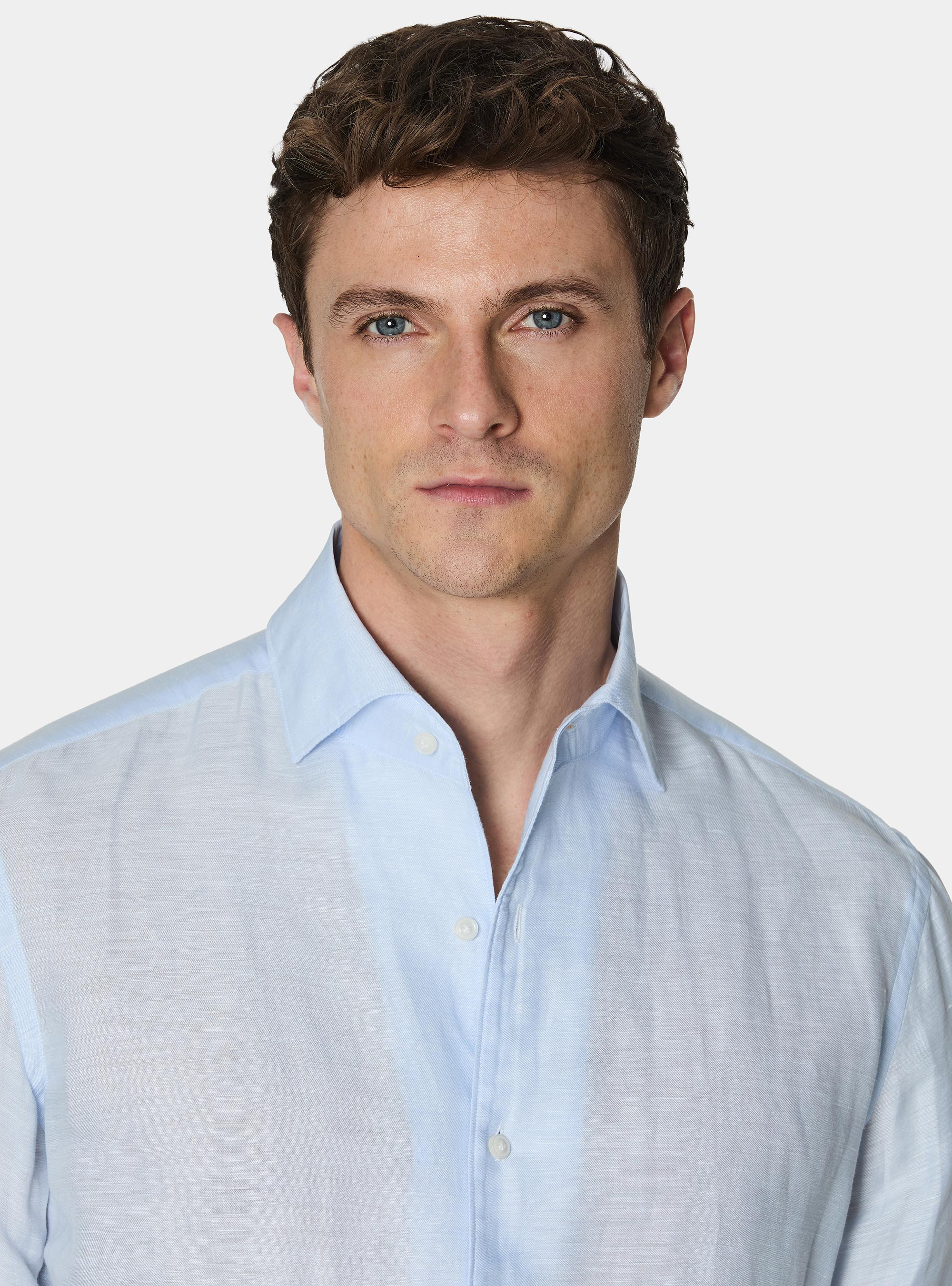 Camicia in misto lino con paramontura, AZZURRO