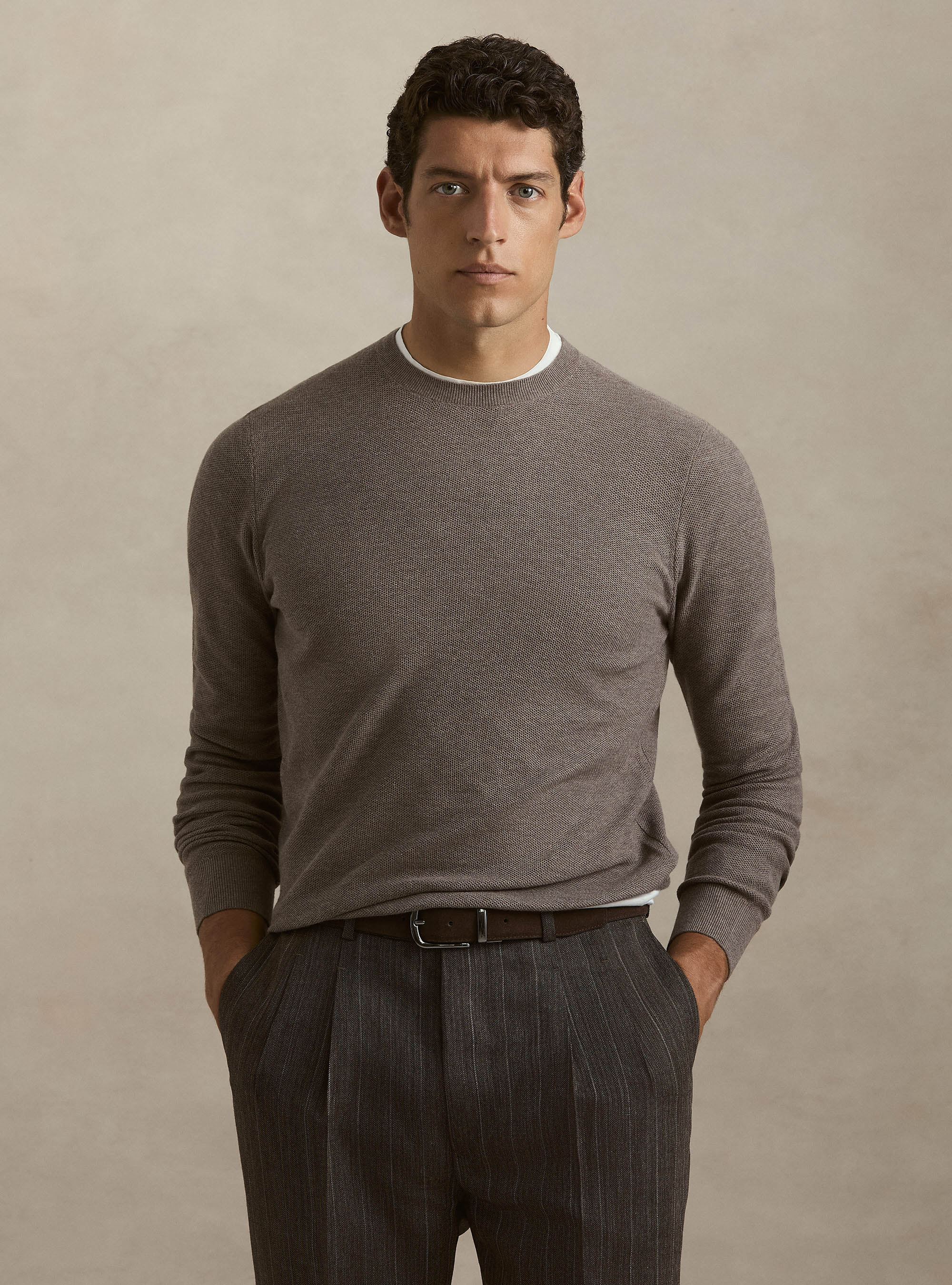 Maglia girocollo in cotone cashmere nido d'ape, FANGO