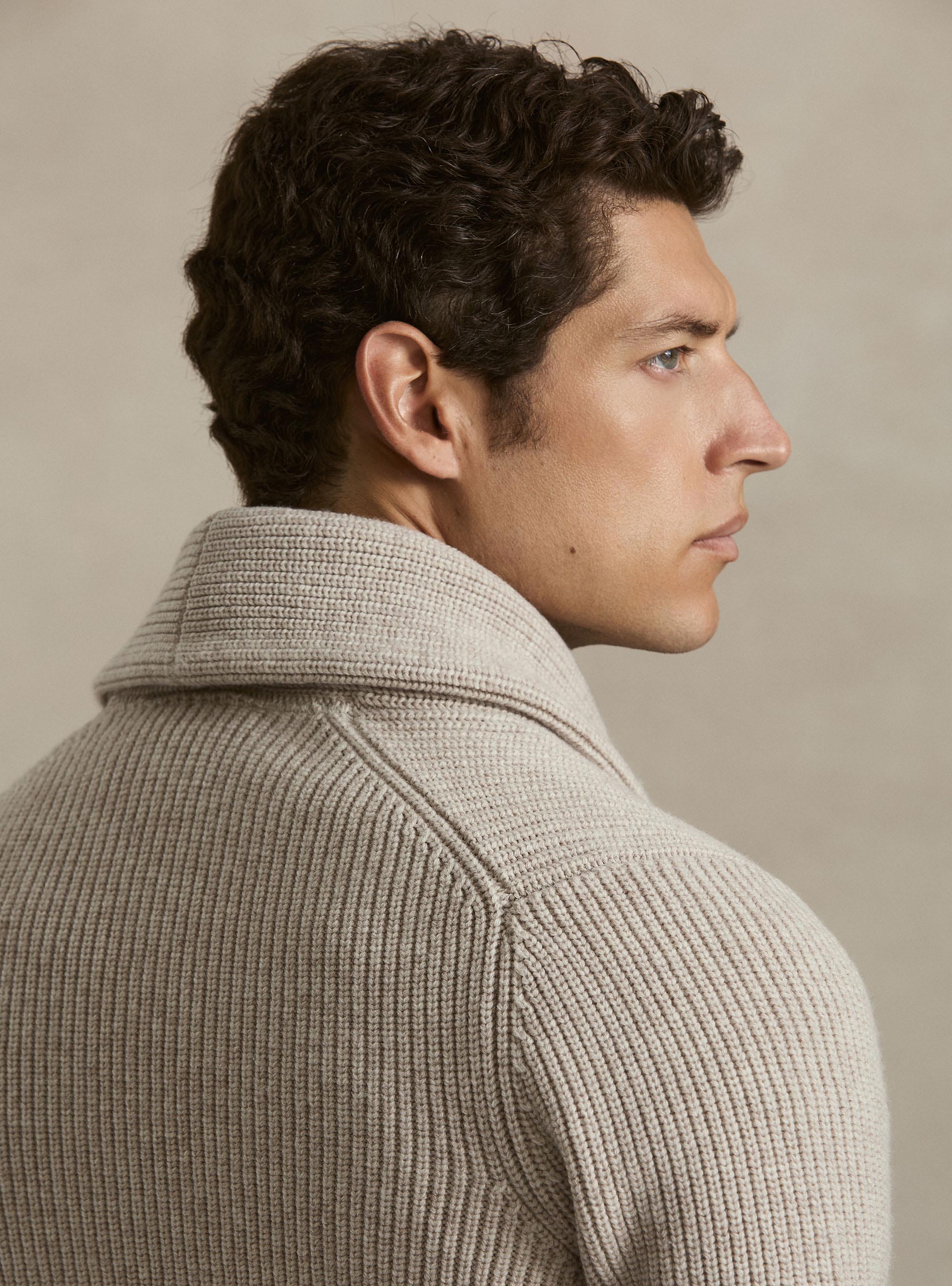 Cardigan in maglia sciallato in lana merino, ECRU