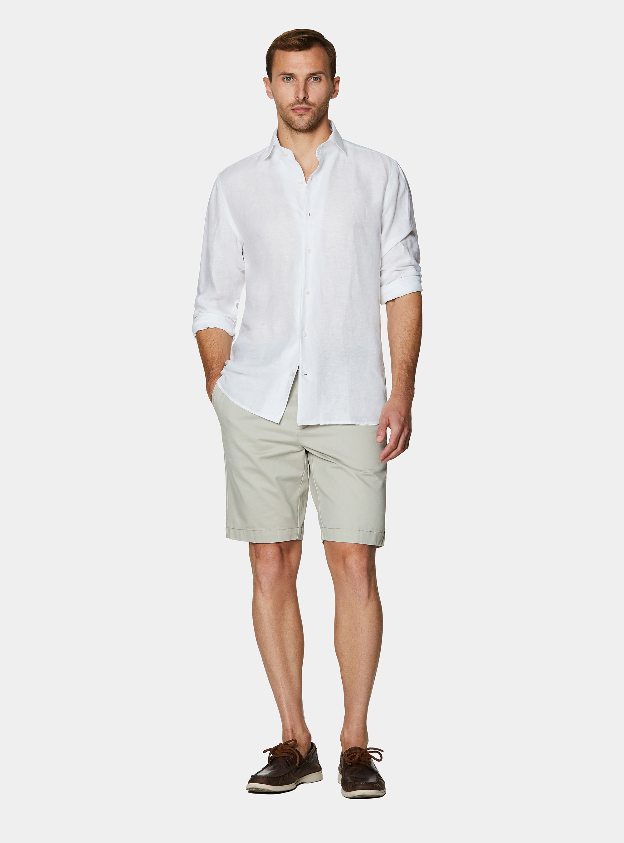 Camicia in misto lino con paramontura, BIANCO