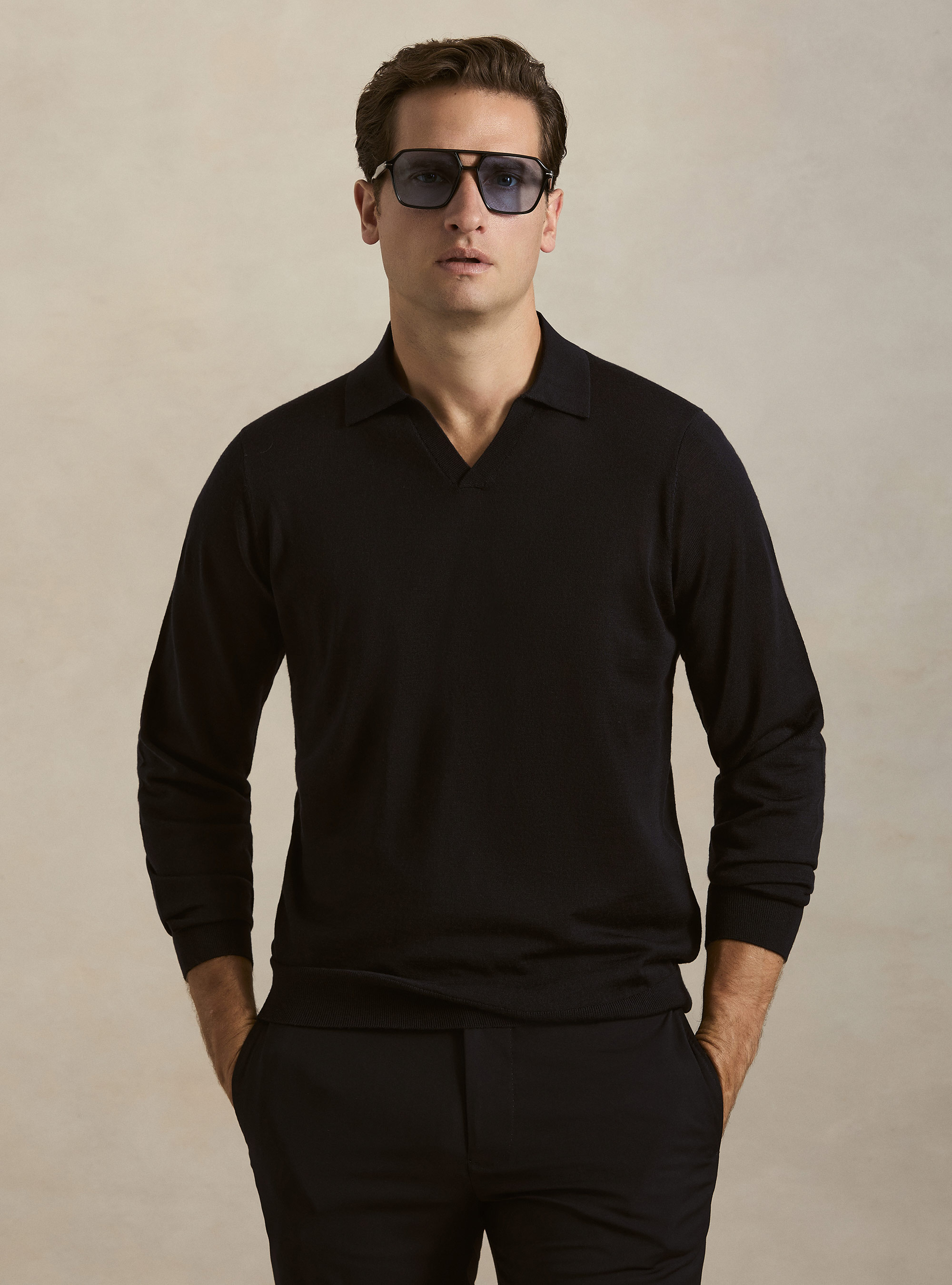 Polo collo senza bottoni in maglia lana merino, BLU NAVY