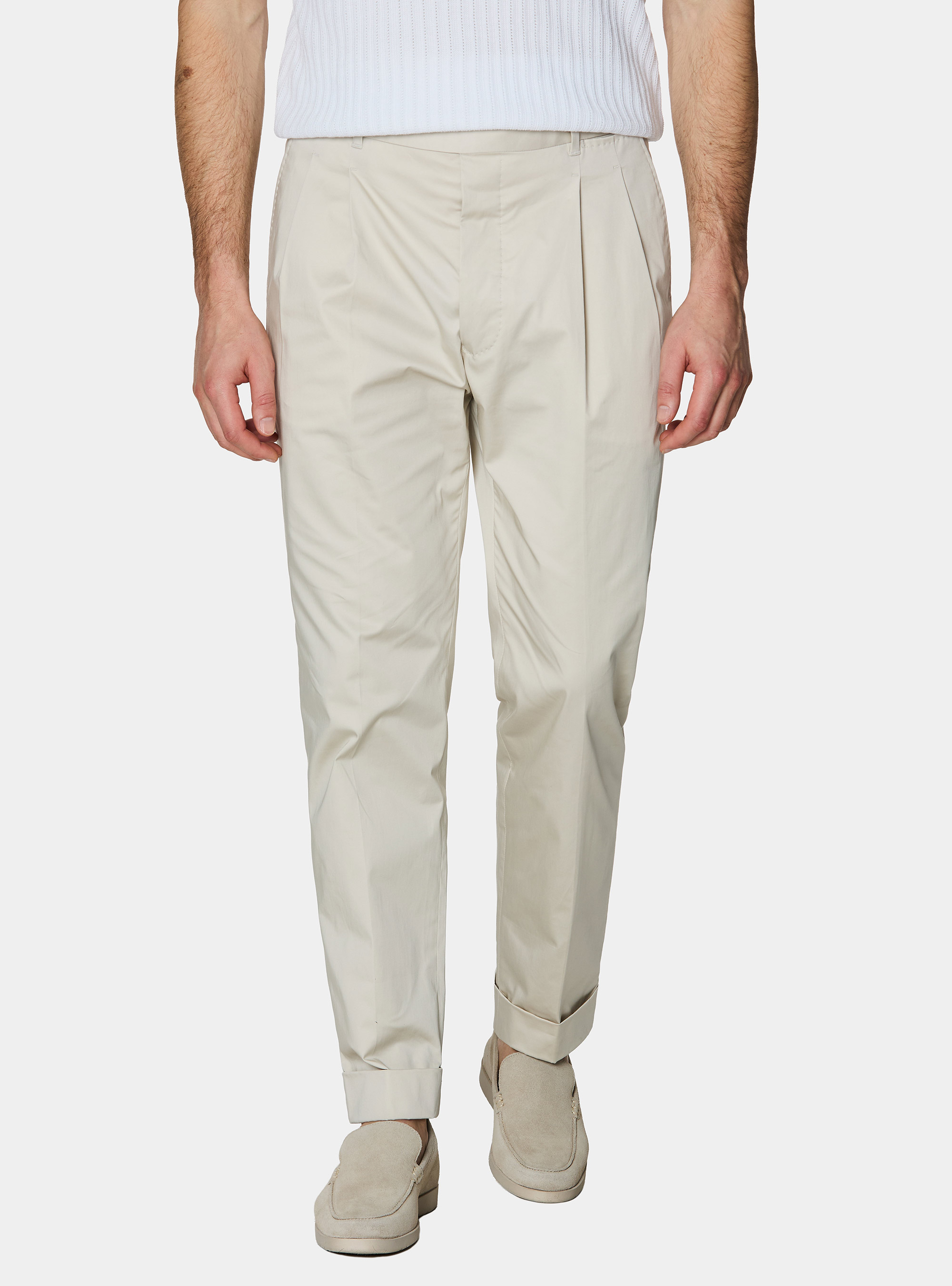 Pantaloni con pince in cotone popeline stretch, PANNA