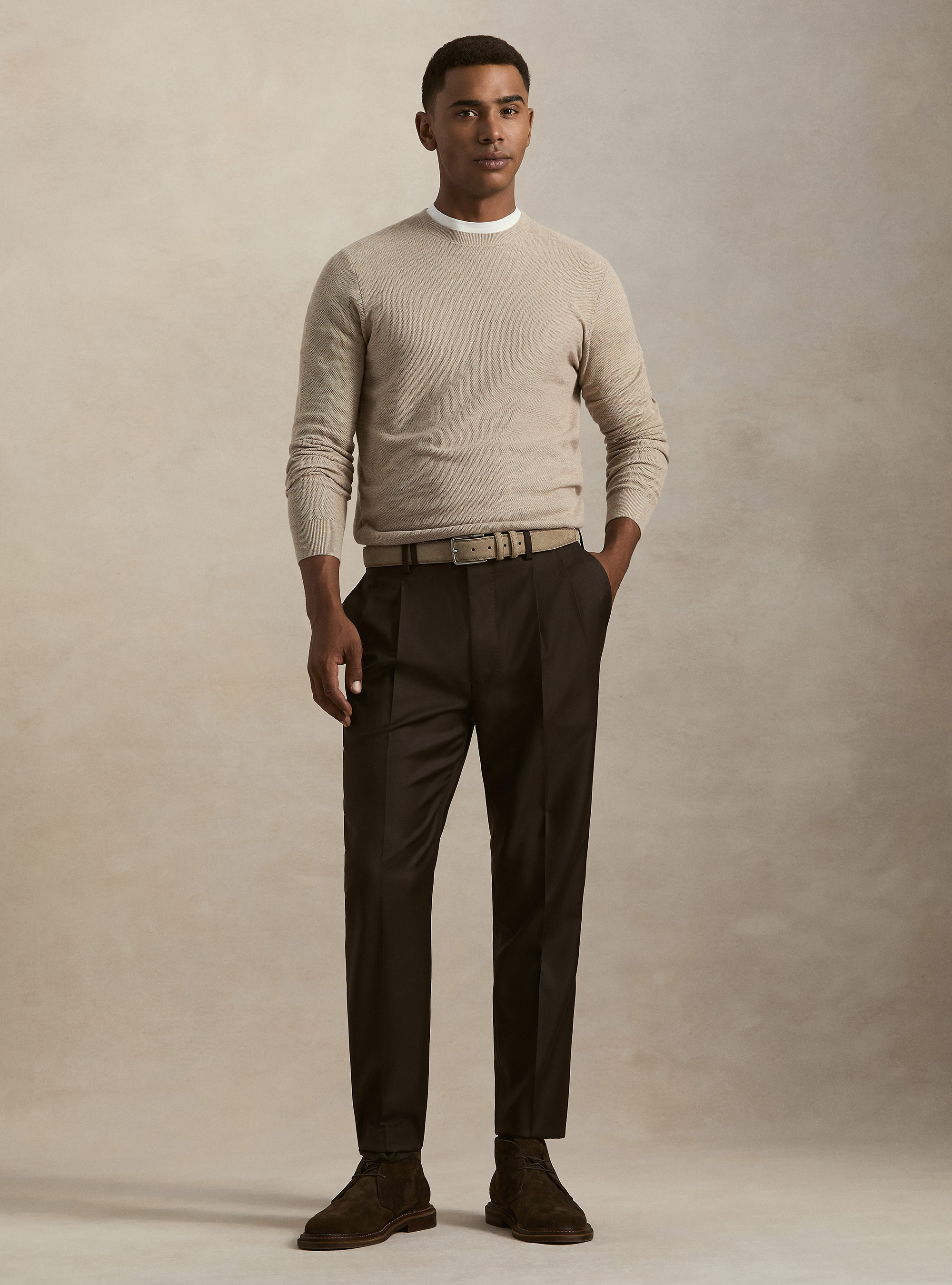 Maglia girocollo in cotone cashmere nido d'ape, ECRU
