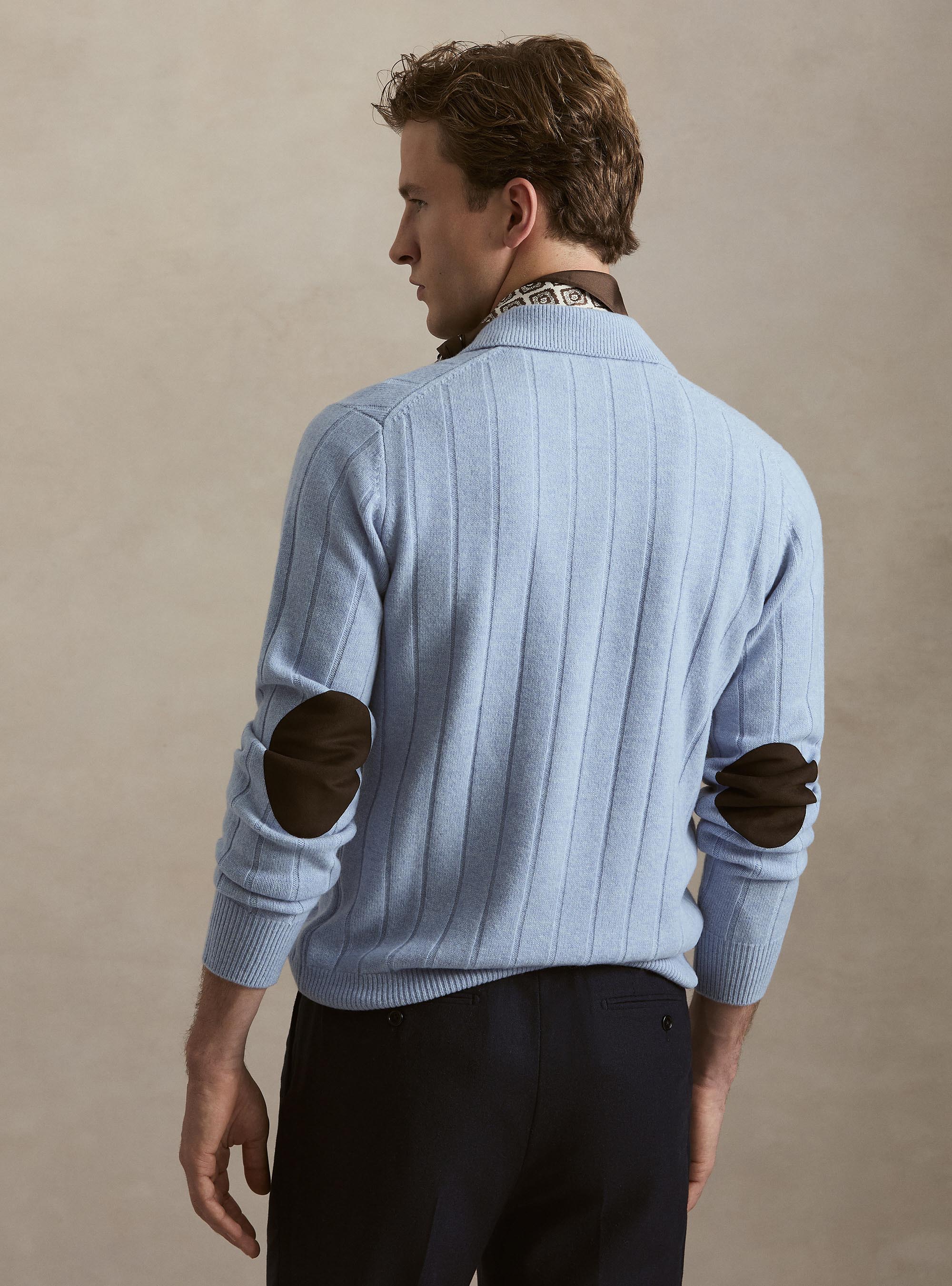 Maglia full zip con colletto in lana e cashmere a costa piatta, AZZURRO POLVERE 0283C
