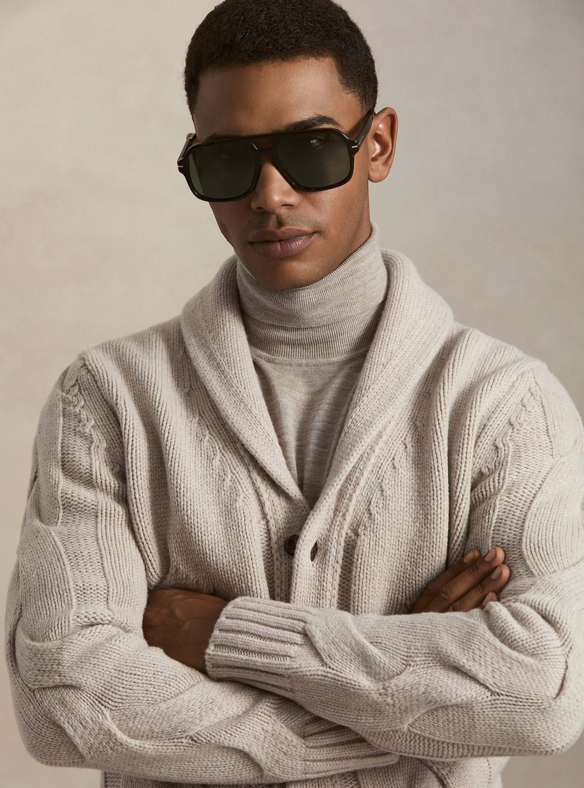 Cardigan sciallato con treccia in lana lambswool e cashmere, ECRU