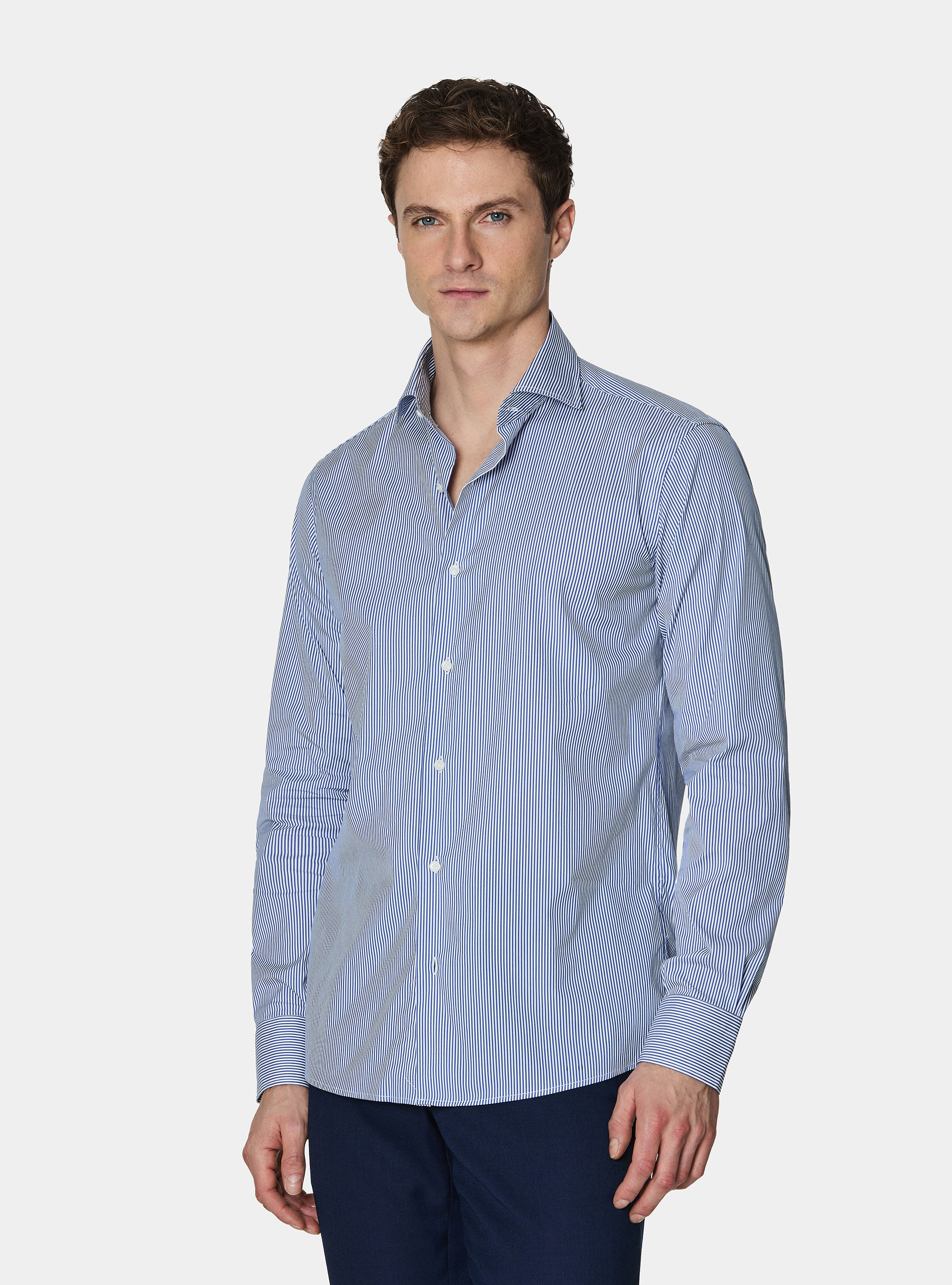 Camicia in cotone rigato popeline stretch, BLU