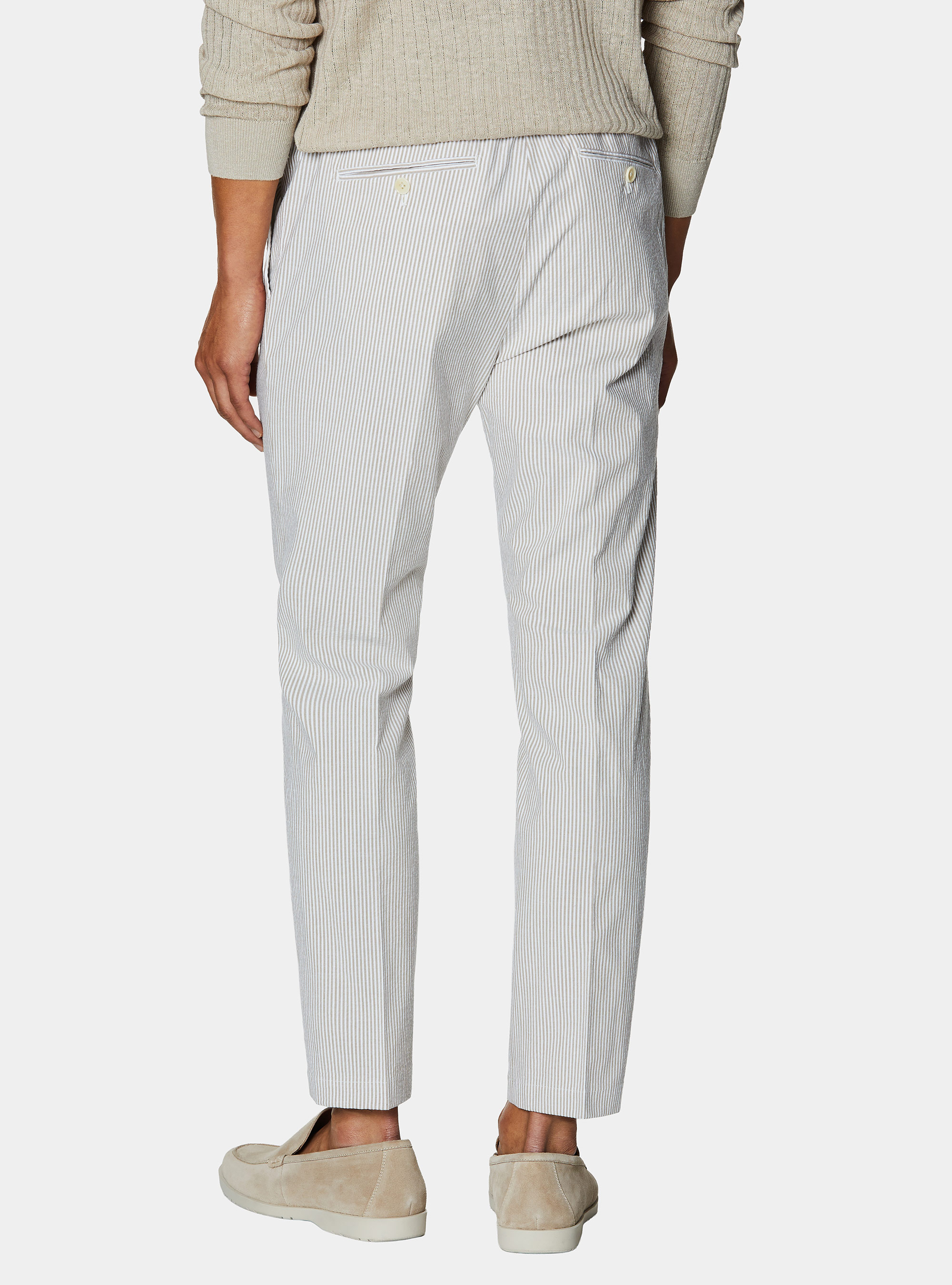 Pantaloni rigati con coulisse in misto cotone seersucker, SABBIA