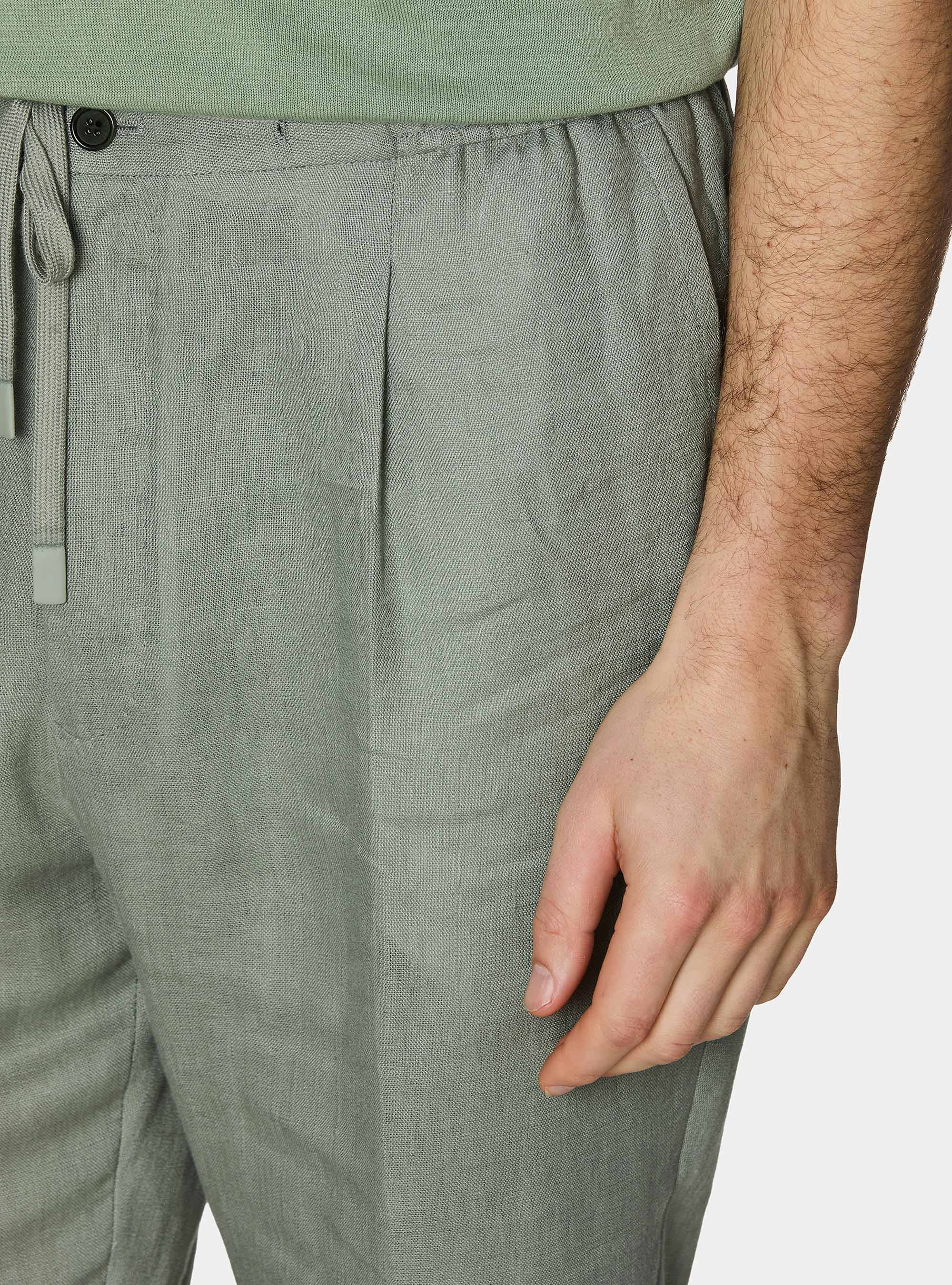 Pantaloni in puro lino con pince e coulisse, SALVIA 0602C