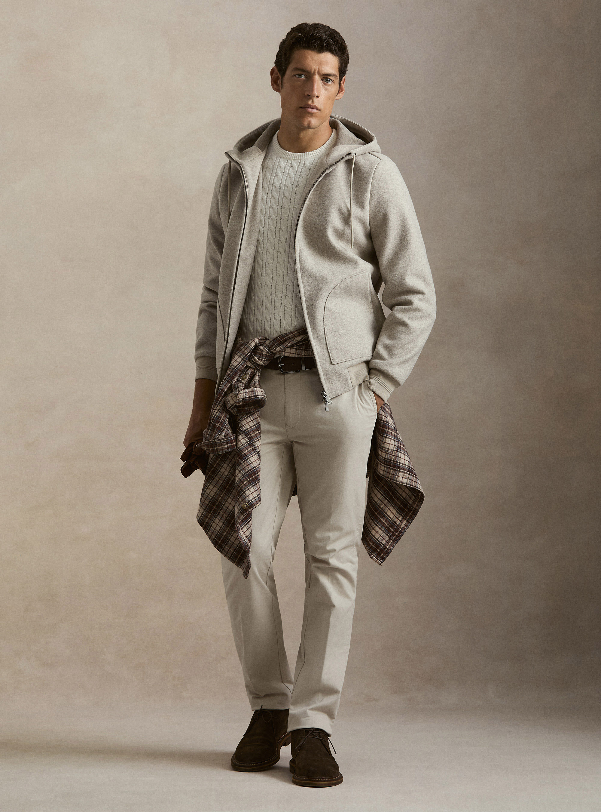 Giubbino in panno stretch con cappuccio, ECRU