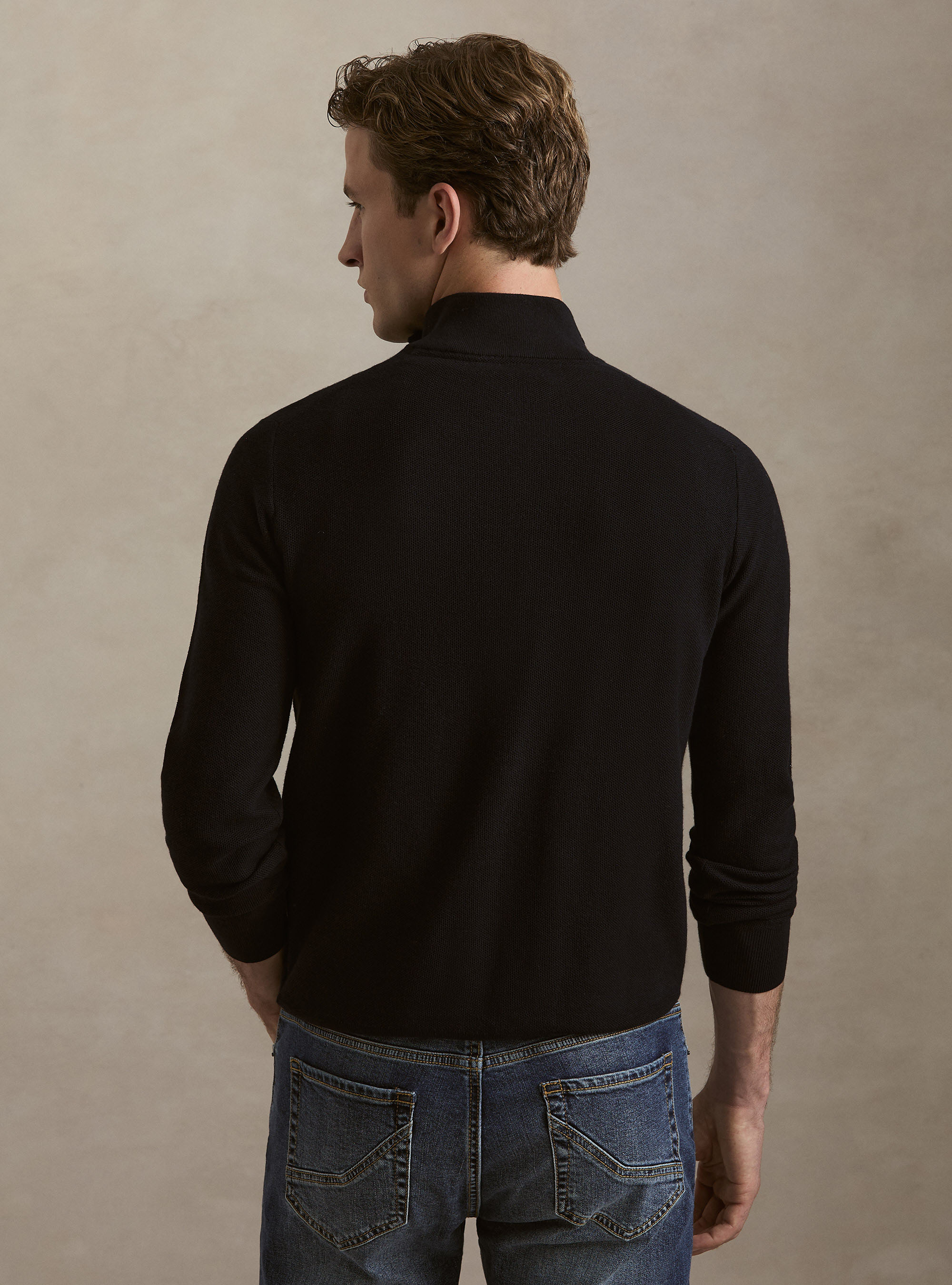 Maglia con mezza zip in cotone cashmere nido d'ape, BLU NAVY