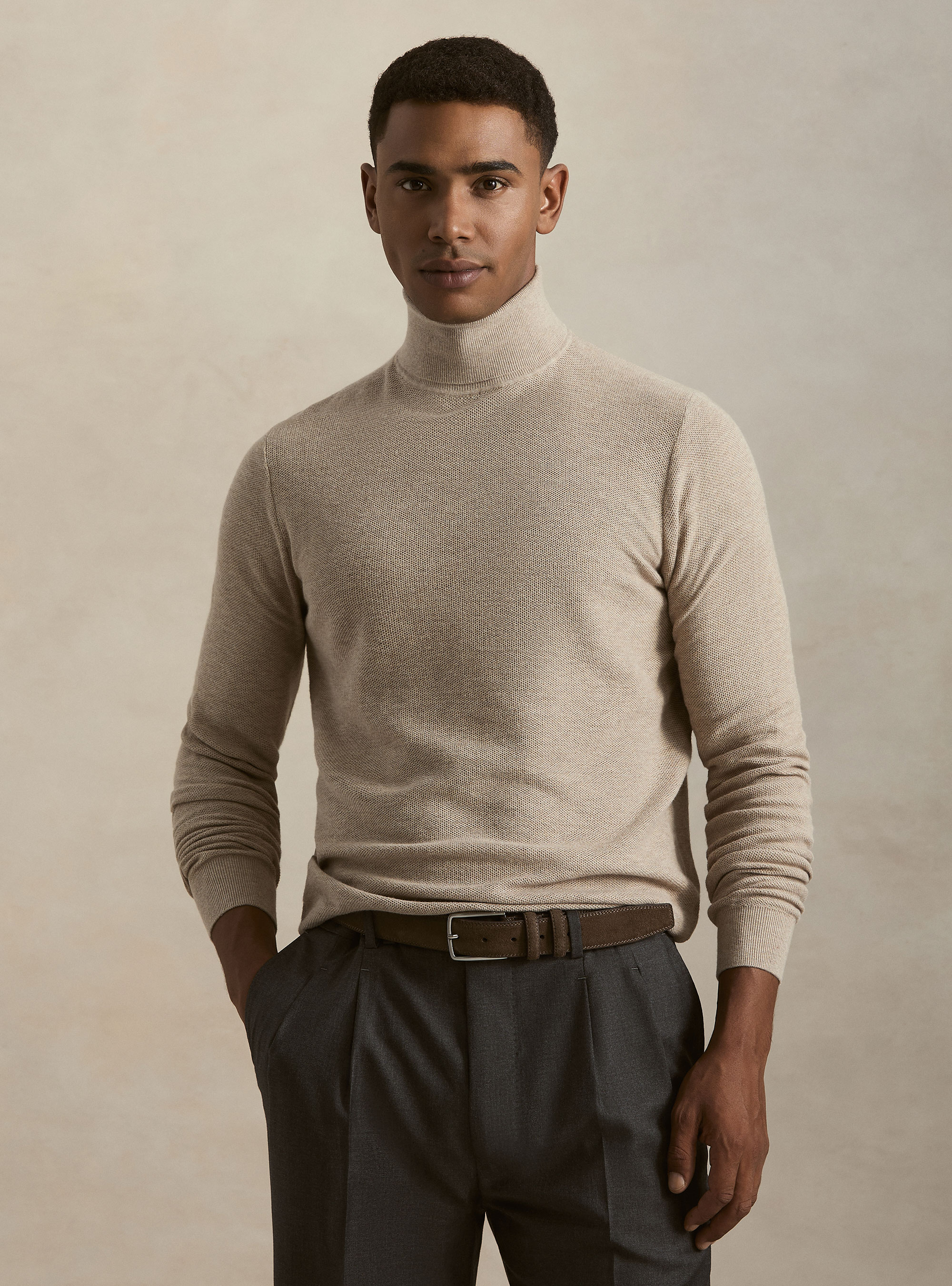 Dolcevita in maglia nido d'ape in cotone e cashmere, ECRU