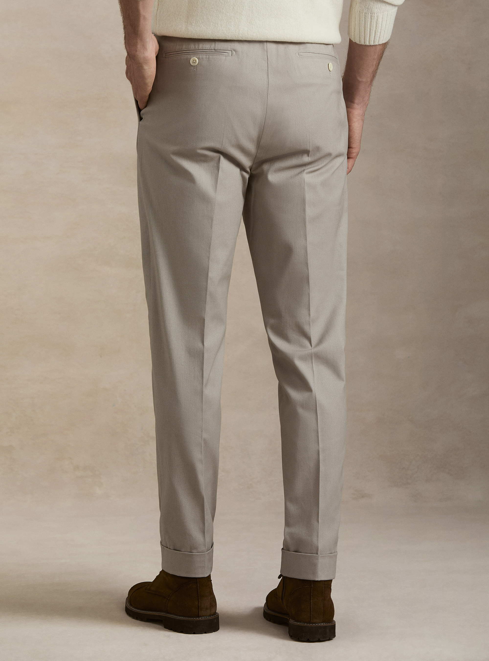 Pantaloni con pince in twill cotone e cashmere, ECRU