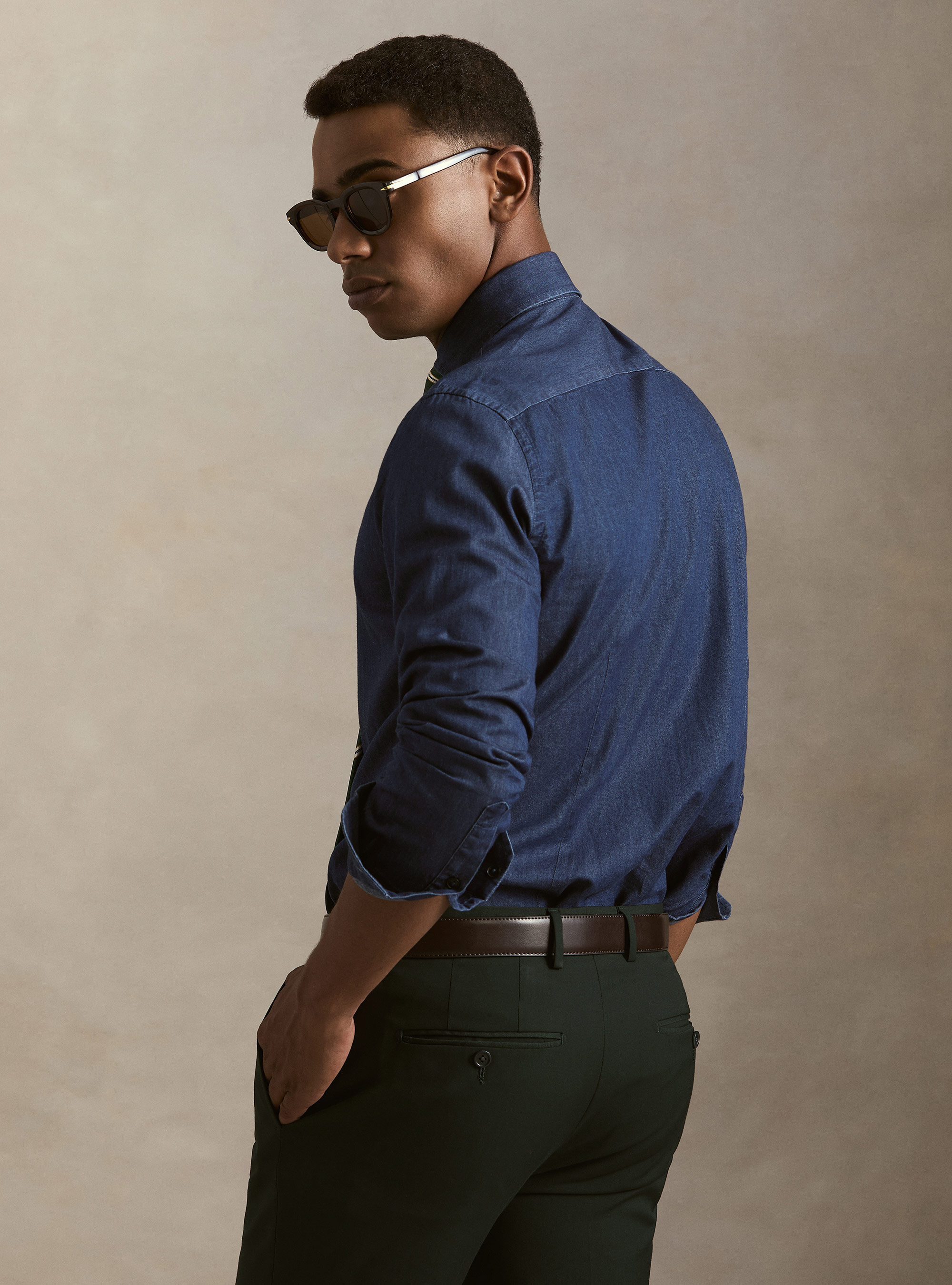 Camicia denim in cotone chambray, BLU NAVY