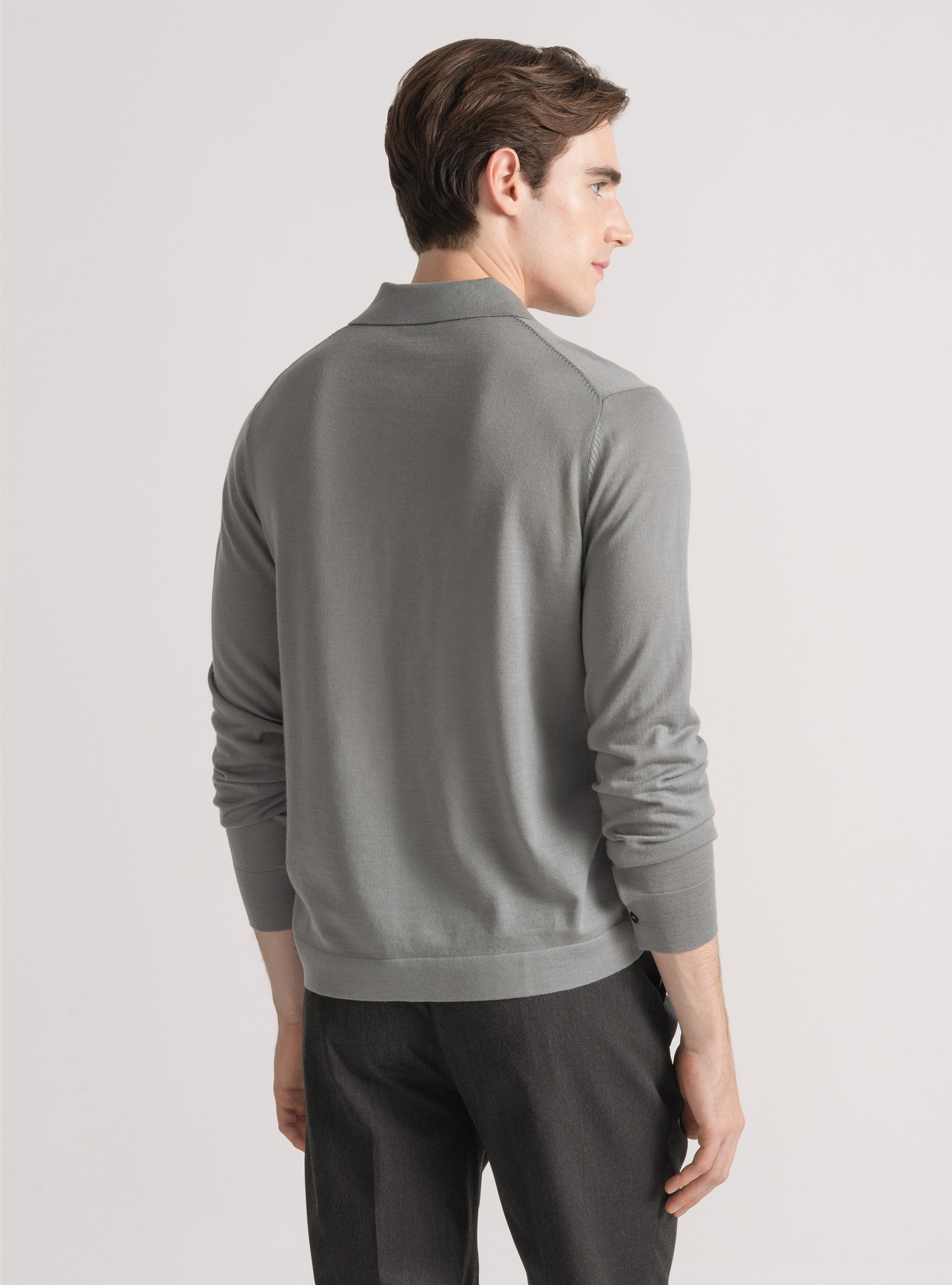 Polo camicia in maglia lana merino extrafine, GRIGIO CHIARO