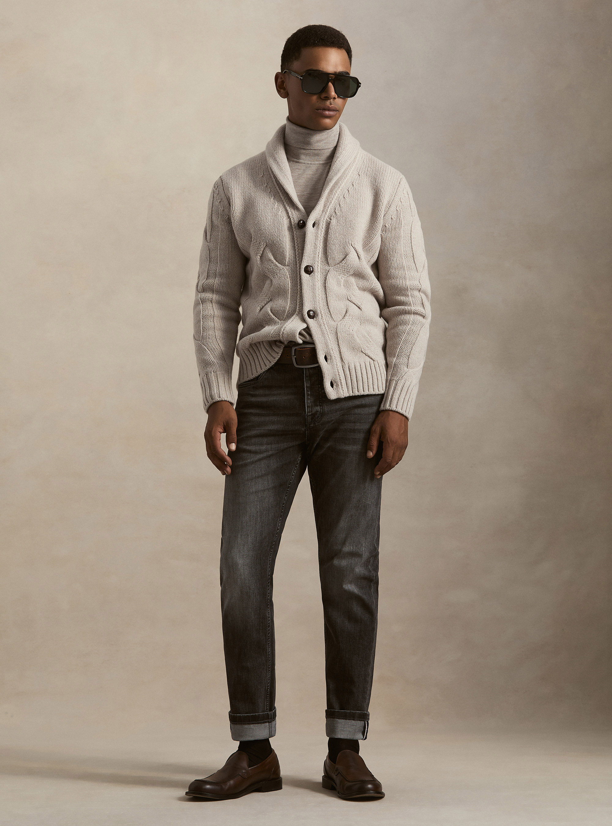 Cardigan sciallato con treccia in lana lambswool e cashmere, ECRU