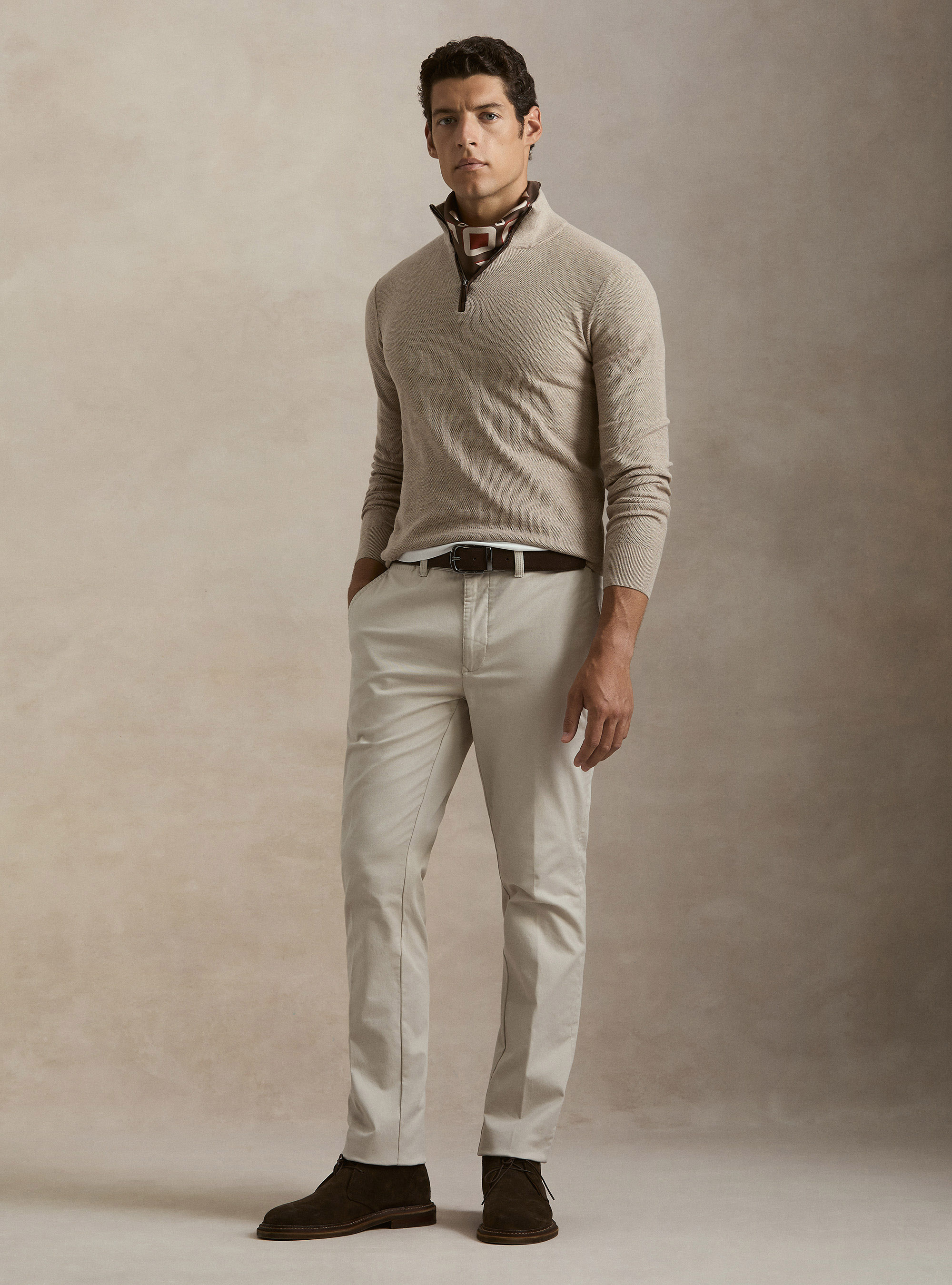 Maglia con mezza zip in cotone cashmere nido d'ape, ECRU