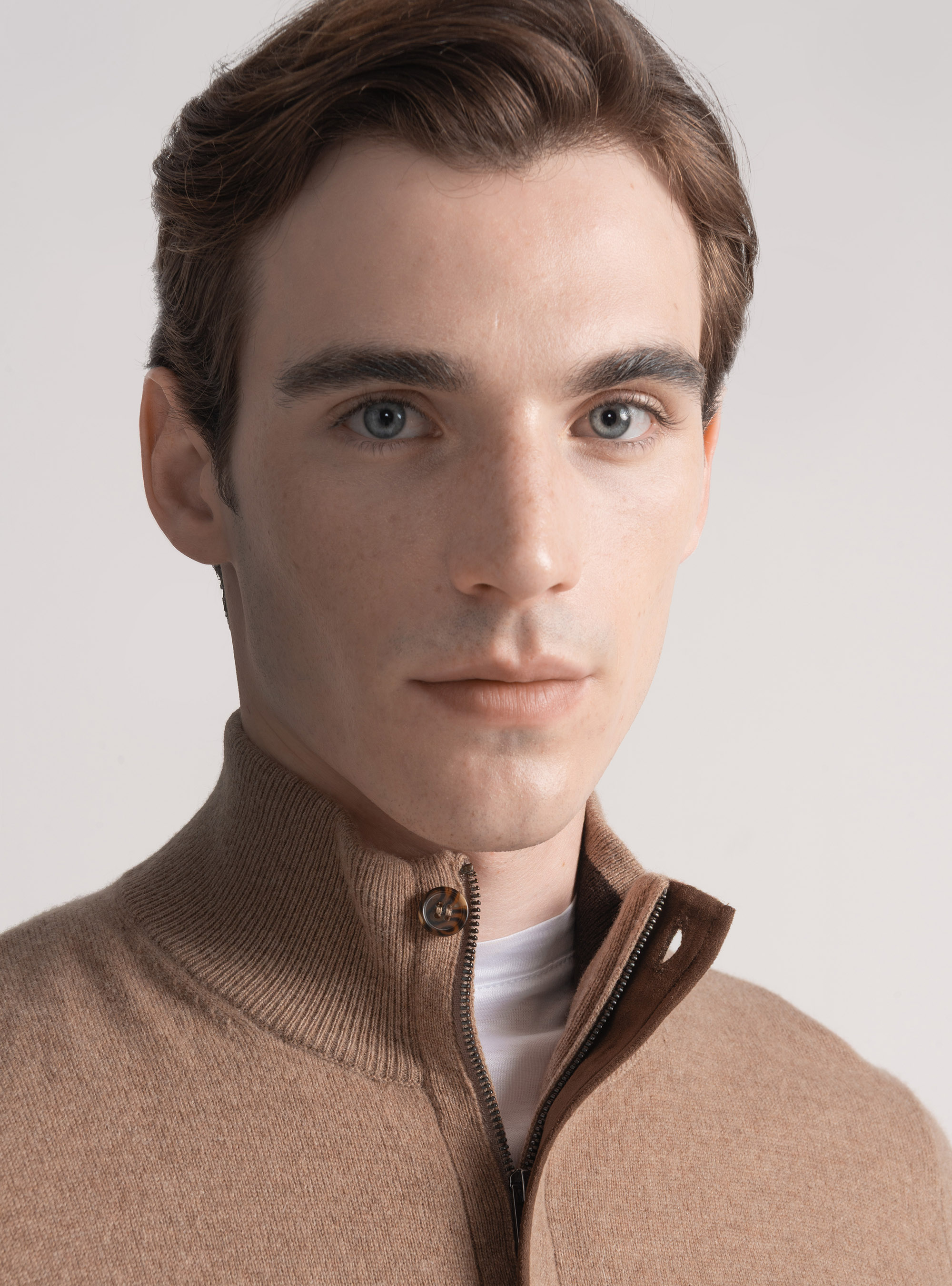 Maglia mezza zip in lana lambswool e cashmere, CAMMELLO 0570C