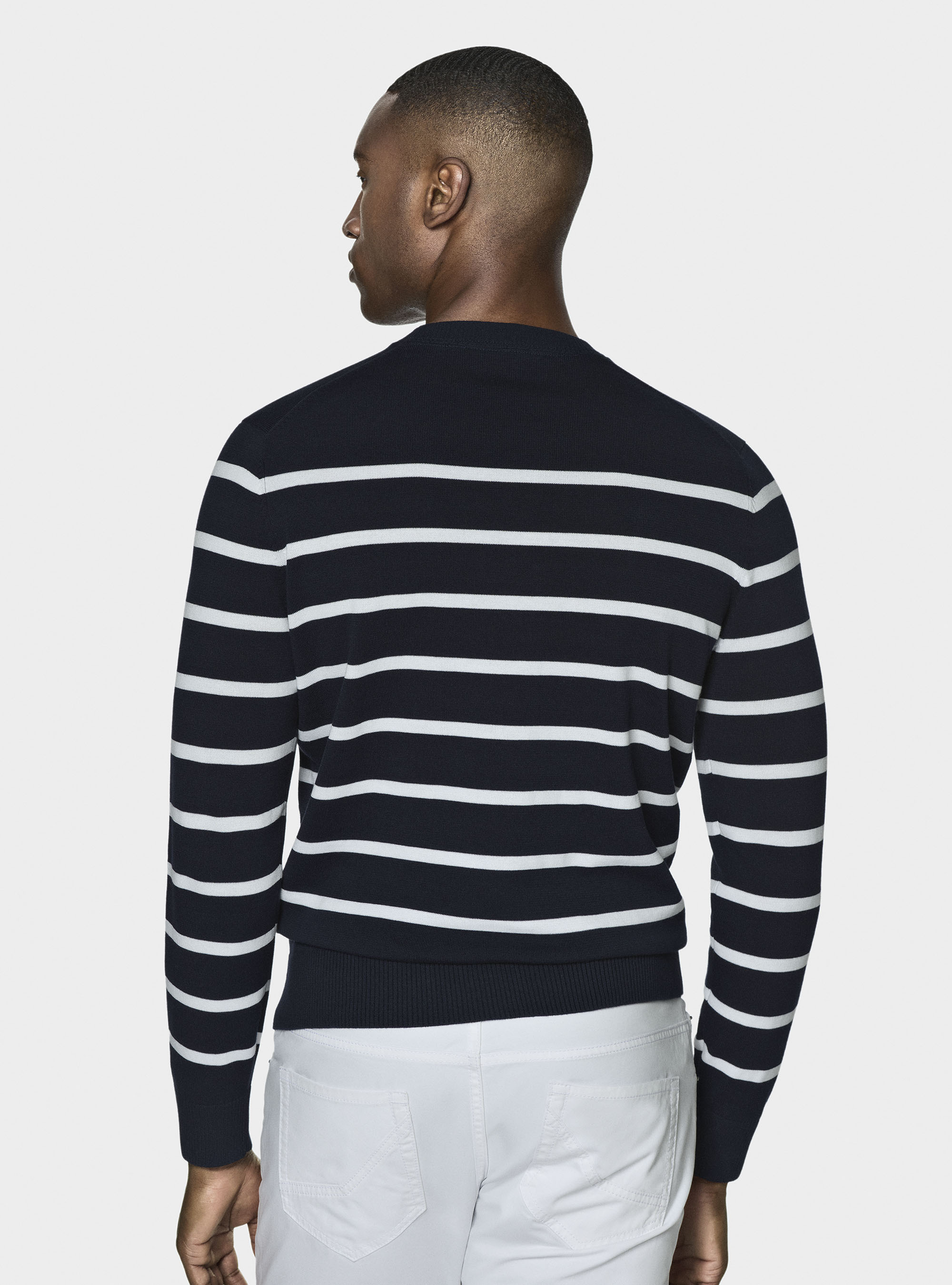 Maglia girocollo in cotone extrafine rigato, BLU NAVY