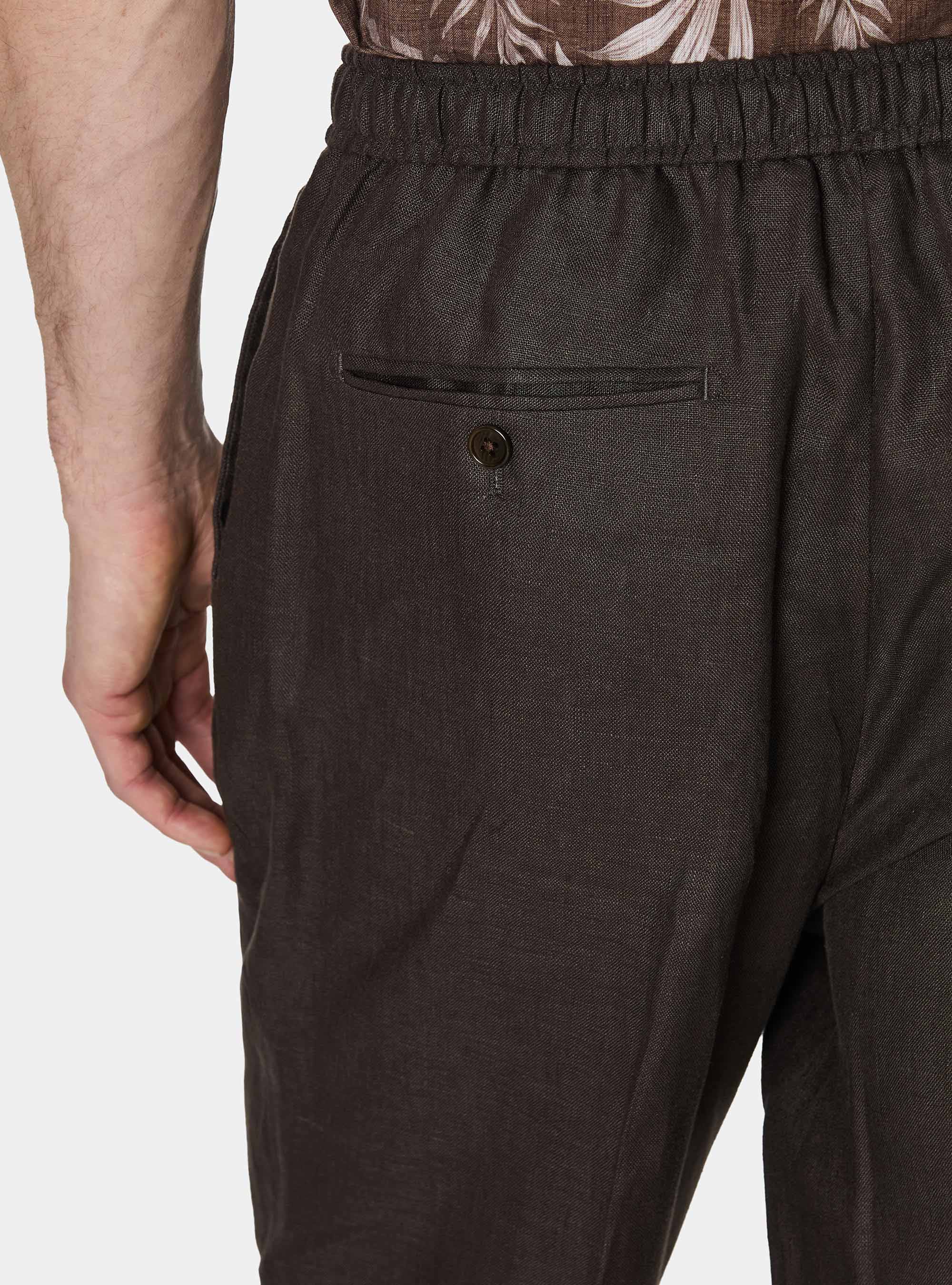 Pantaloni in puro lino con pince e coulisse, MARRONE