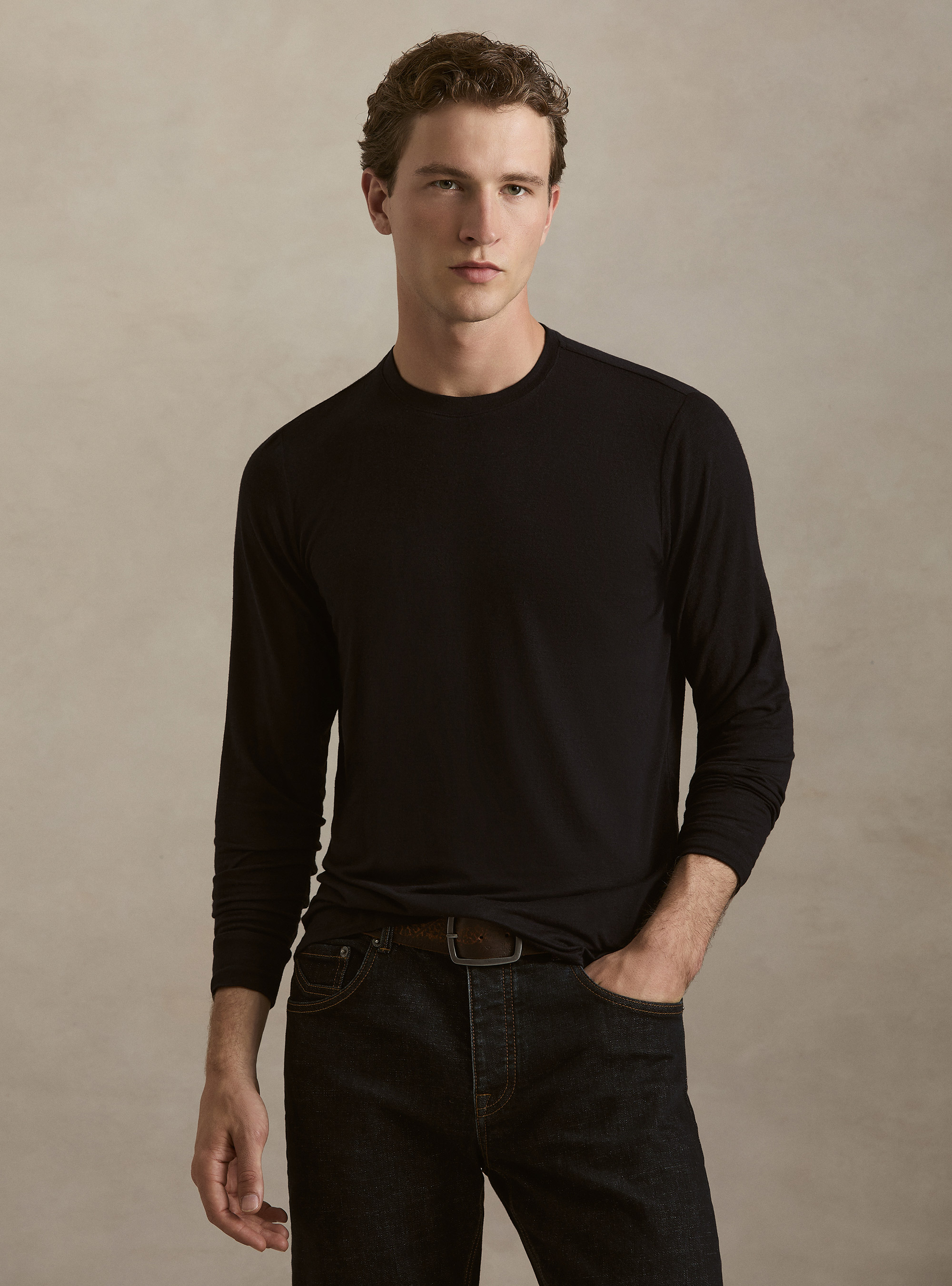 T-shirt manica lunga in misto cashmere, BLU NAVY