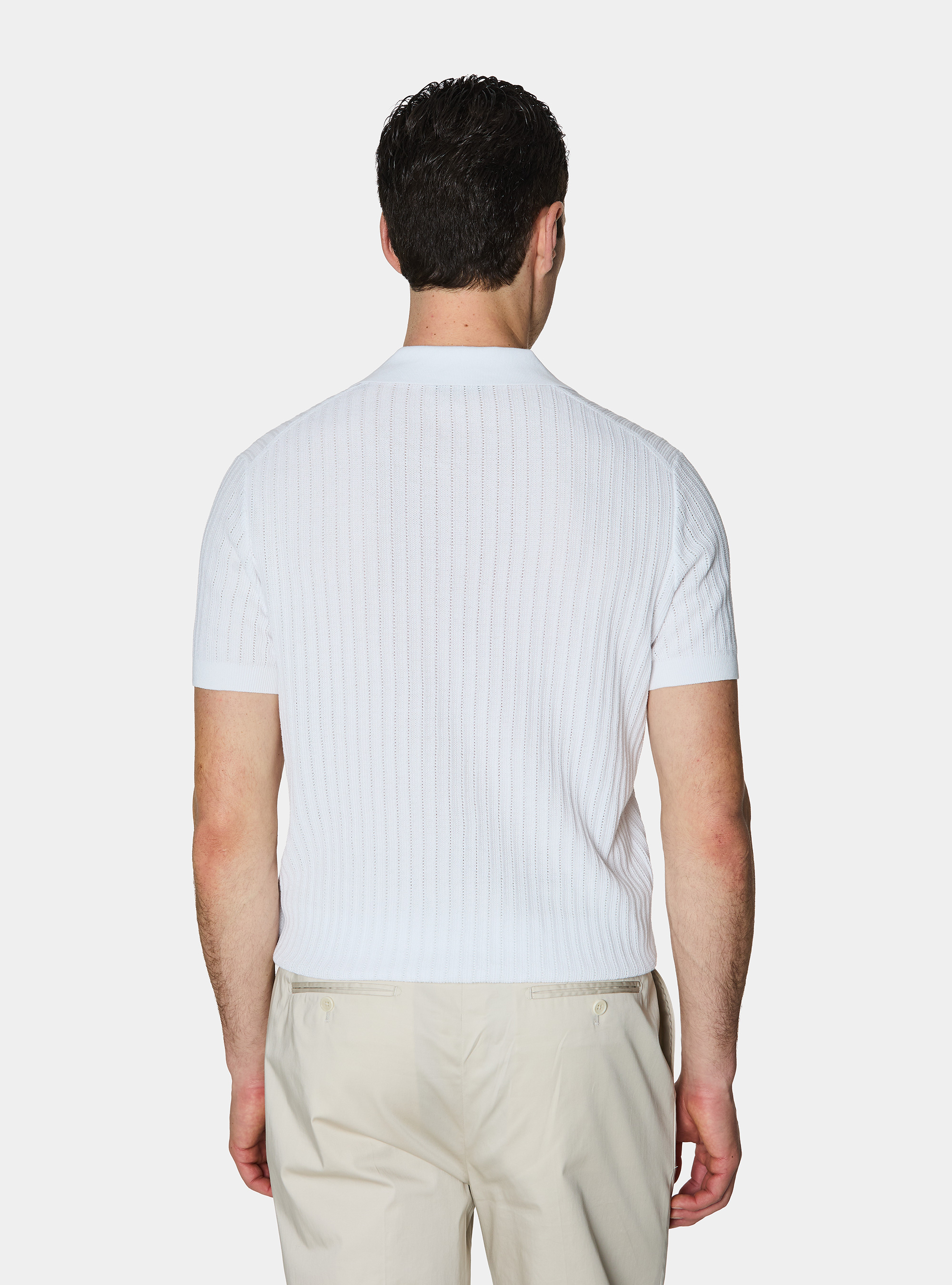 Polo in maglia traforata senza bottoni in cotone extrafine, BIANCO