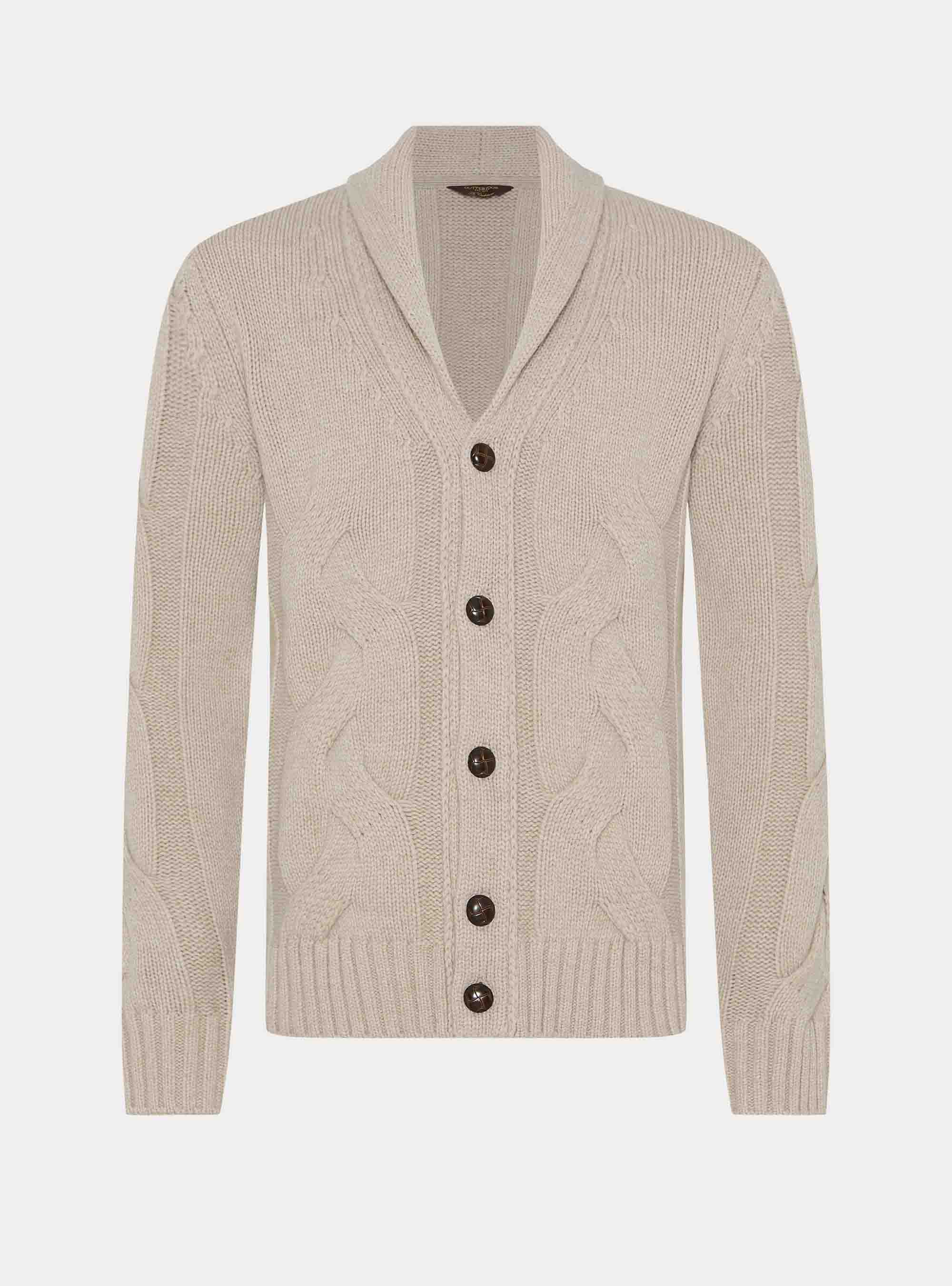 Cardigan sciallato con treccia in lana lambswool e cashmere, ECRU