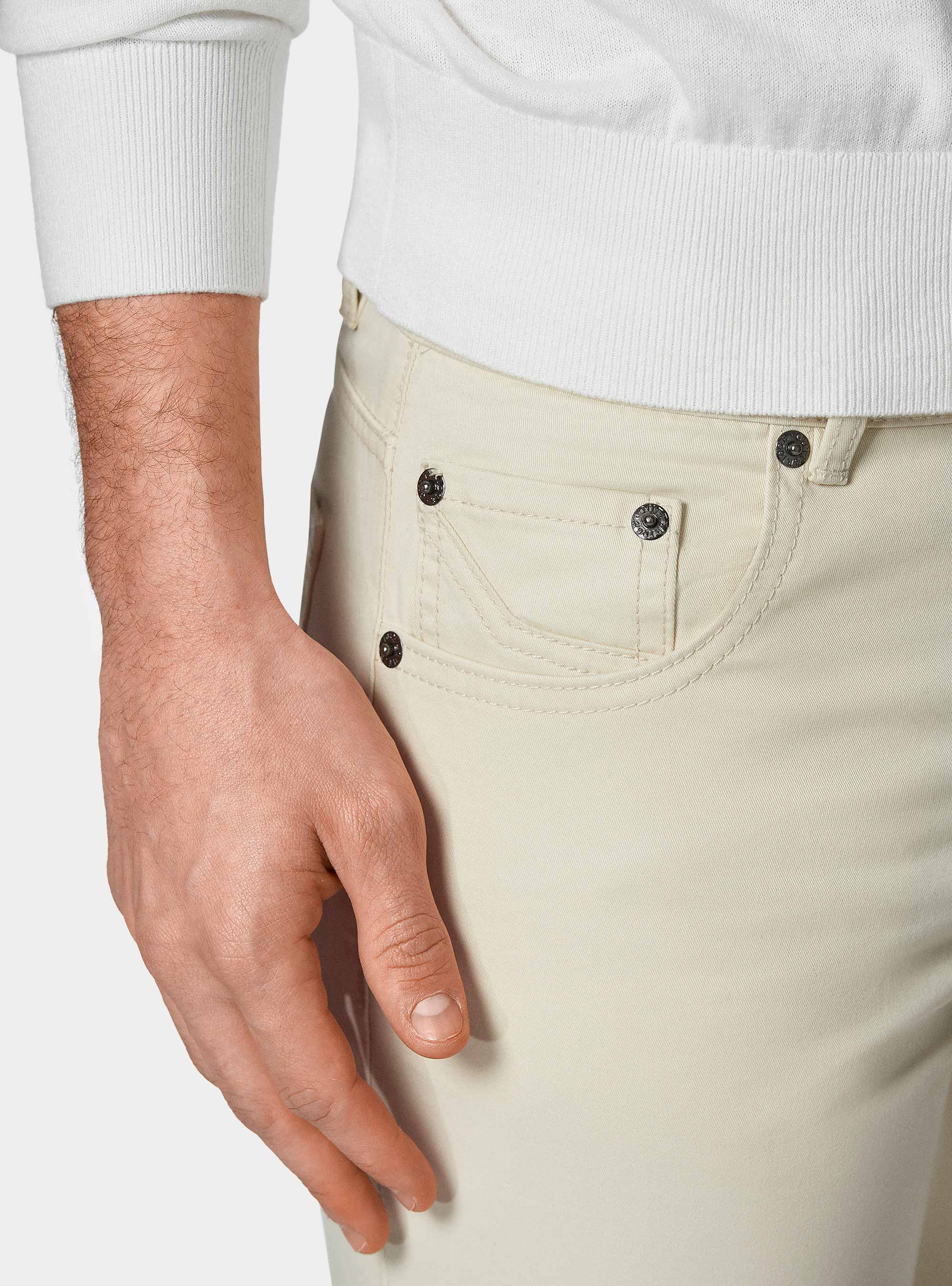 Pantaloni 5 tasche in twill di cotone, PANNA
