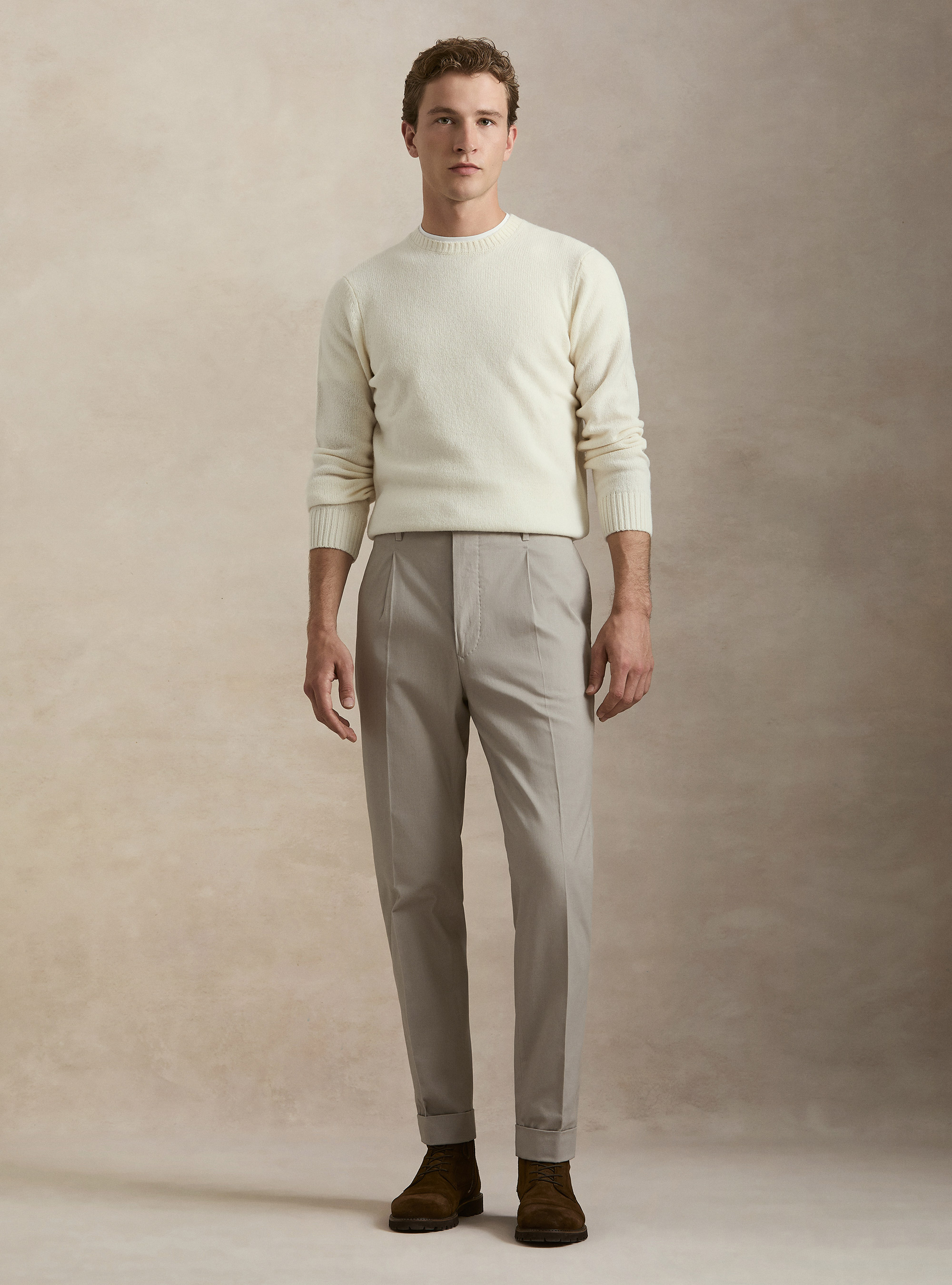 Pantaloni con pince in twill cotone e cashmere, ECRU