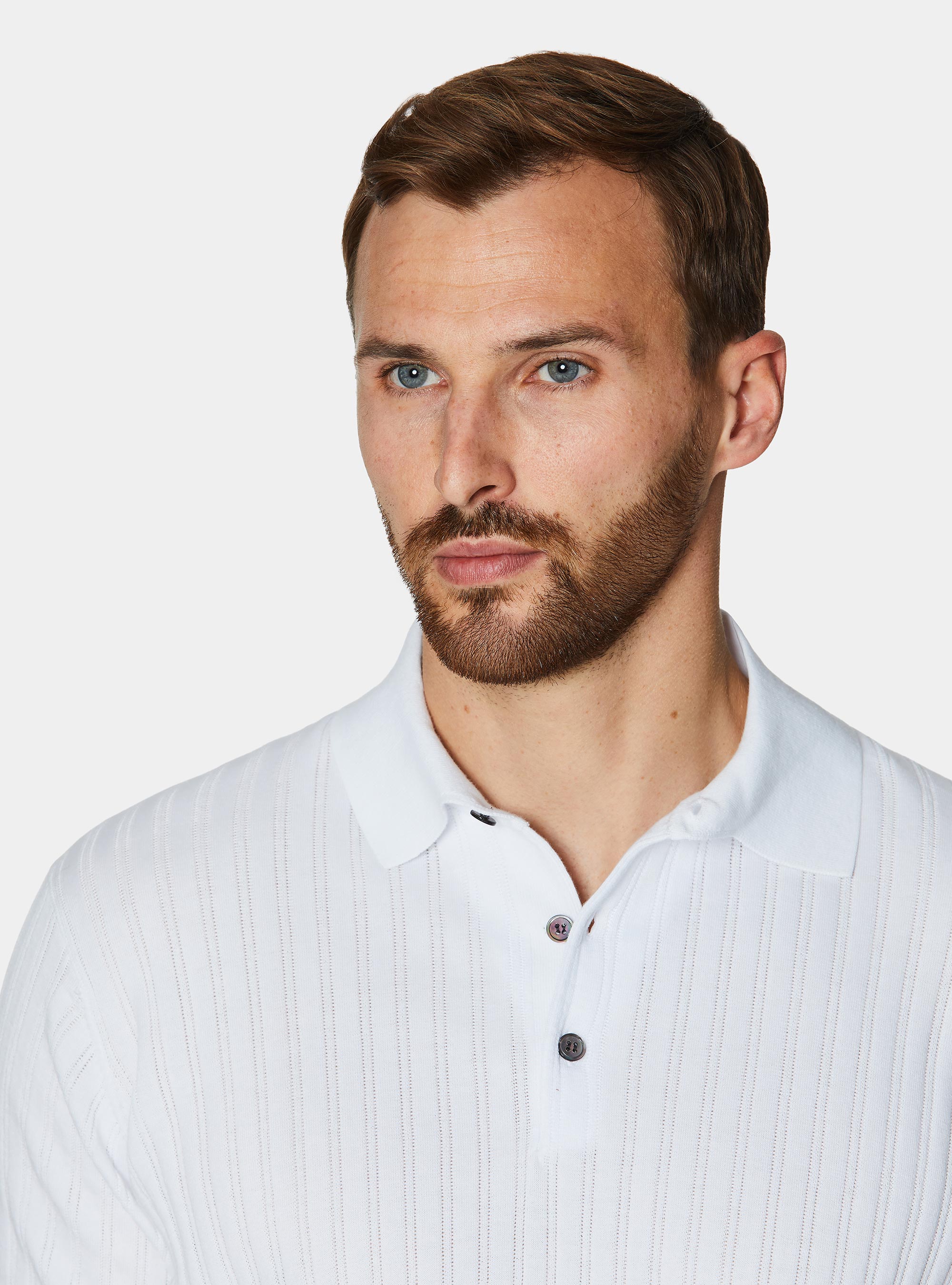 Polo in maglia in cotone extrafine a costa traforata, BIANCO