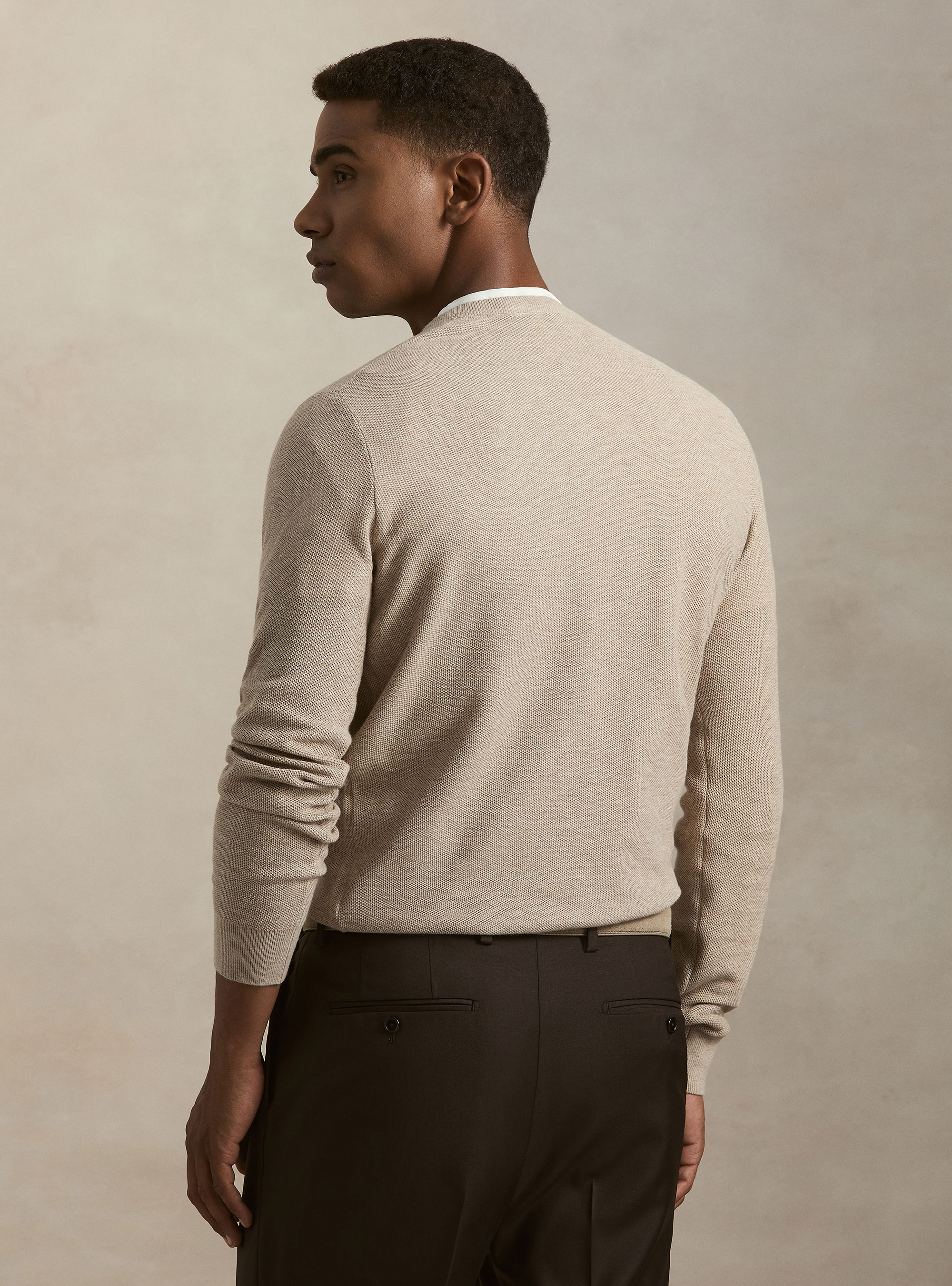 Maglia girocollo in cotone cashmere nido d'ape, ECRU