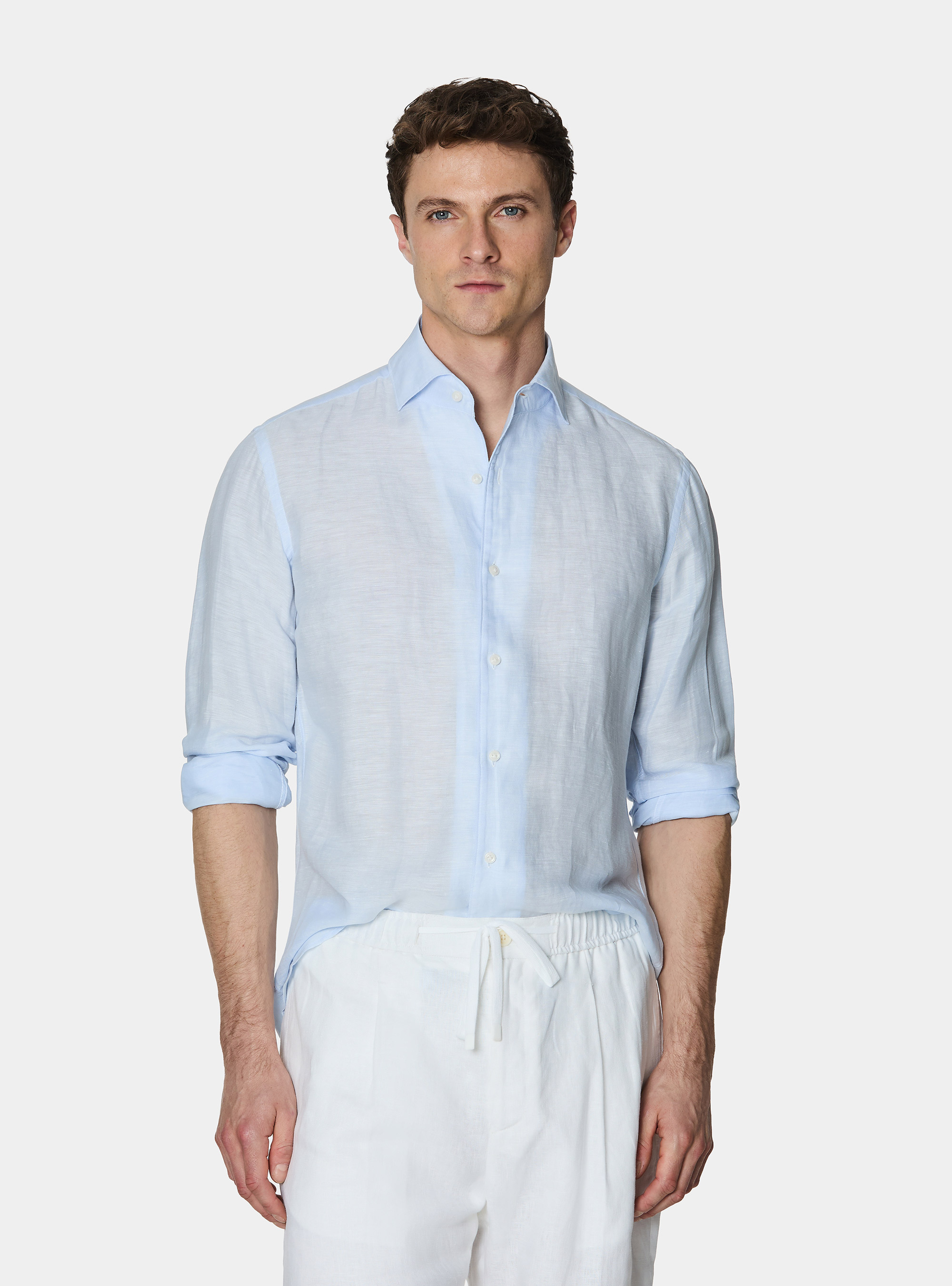 Camicia in misto lino con paramontura, AZZURRO