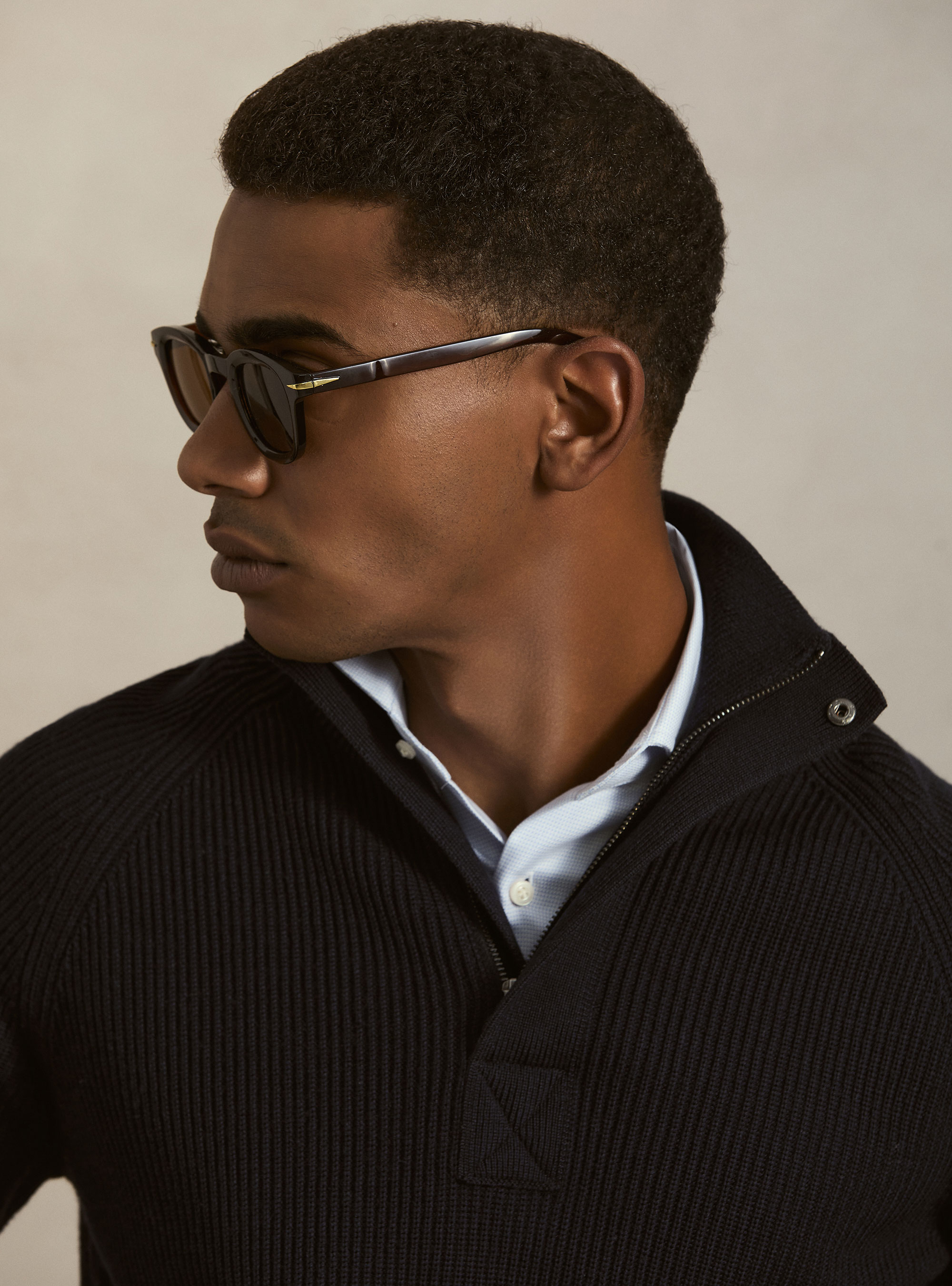 Maglia mezza zip in lana e cotone a coste, BLU NAVY