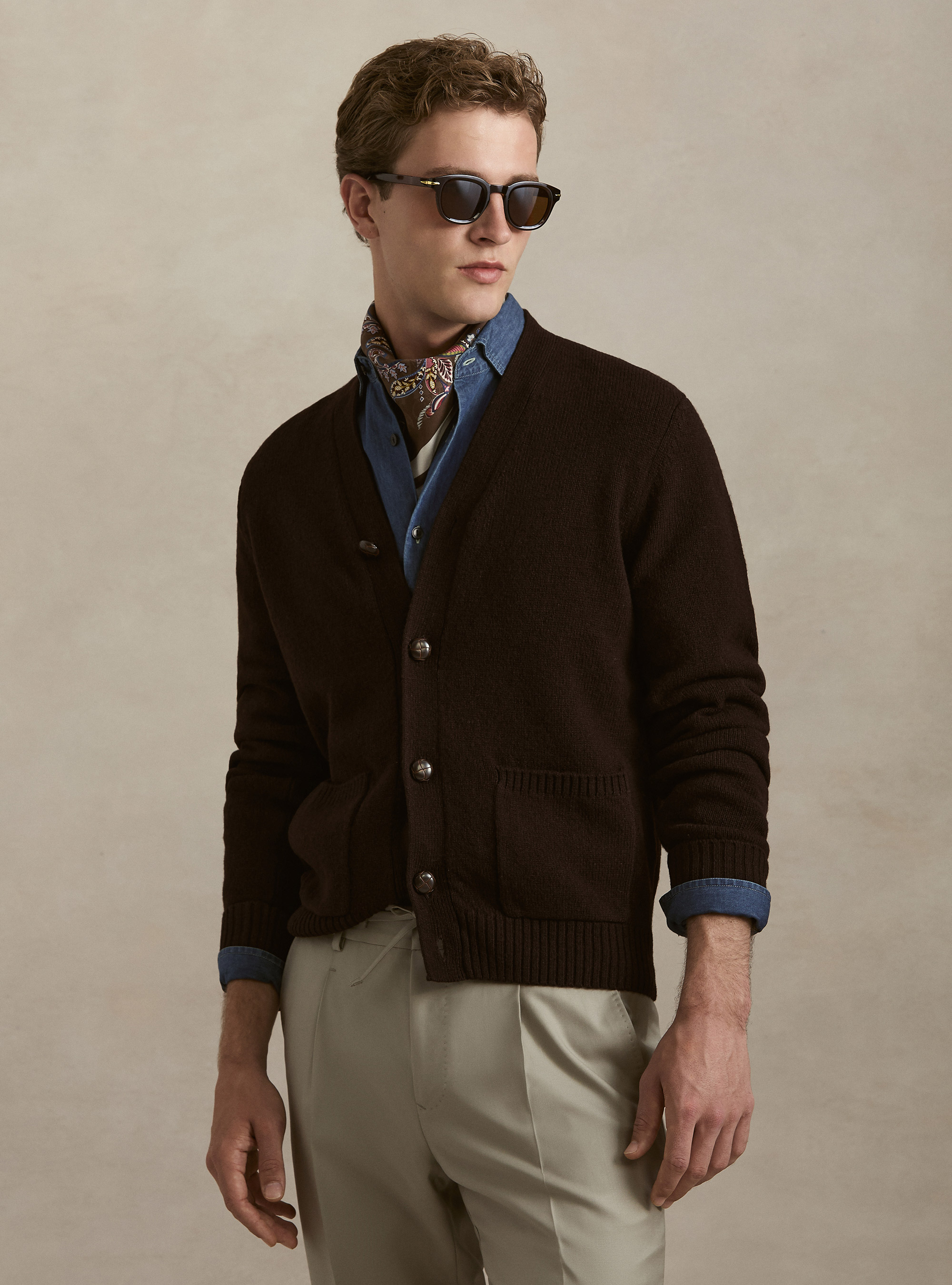 Cardigan in maglia in lana shetland, MARRONE