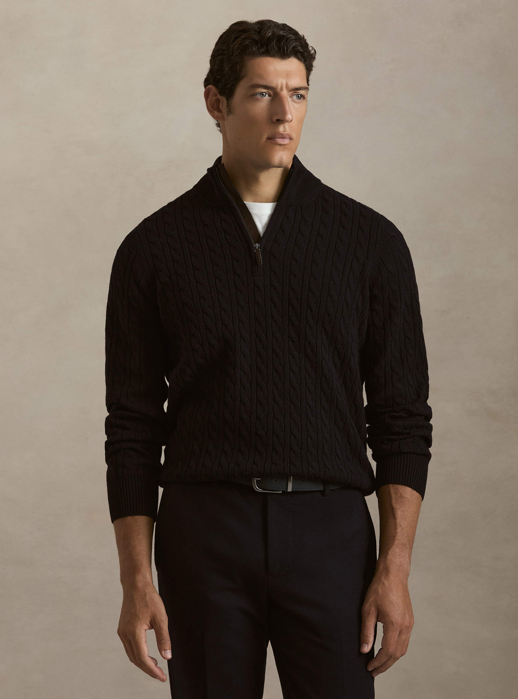 Maglia lupetto a trecce in lana e cashmere, BLU NAVY
