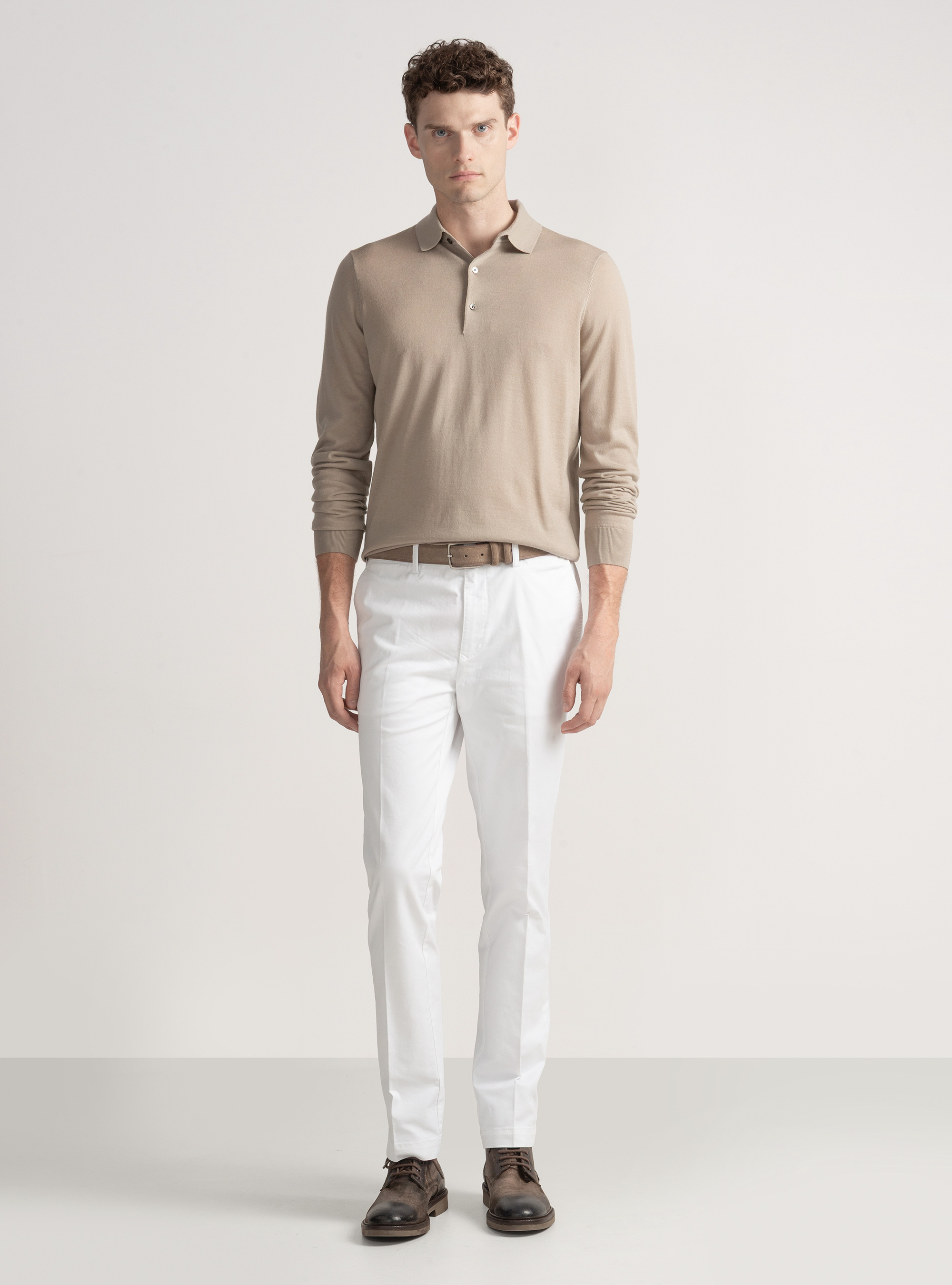Maglia a polo in lana merino extrafine, SABBIA