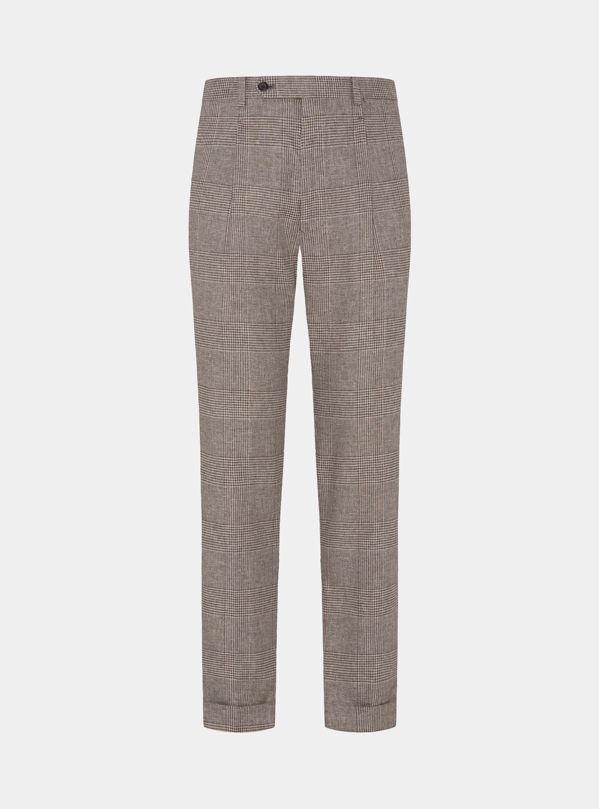 Pantaloni fantasia con pince in lino e cotone, MARRONE